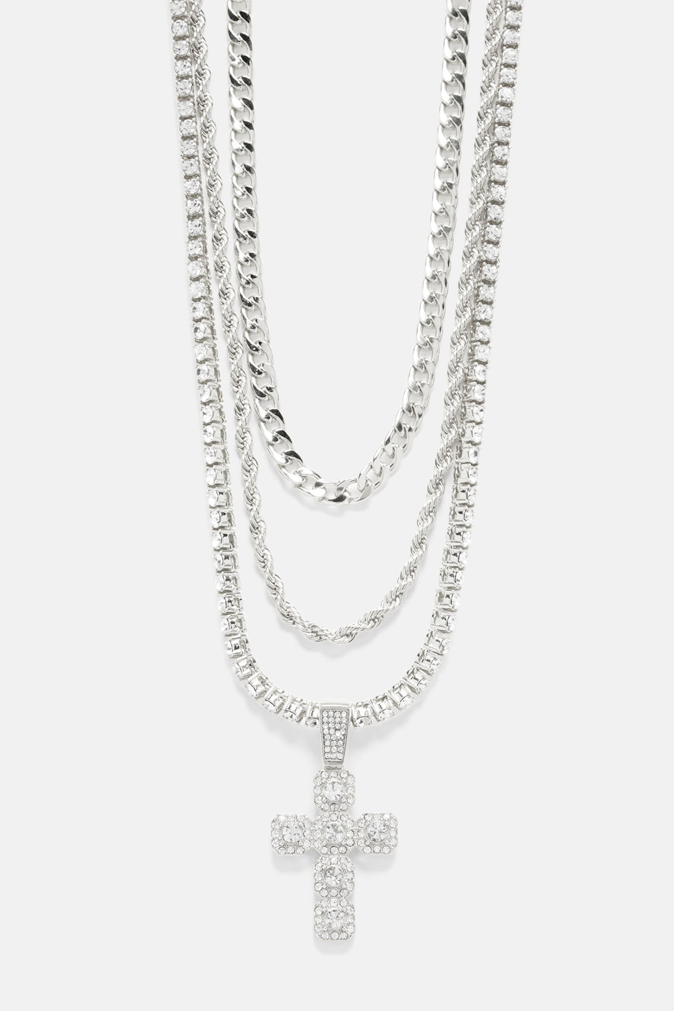 Cluster Cross 3 Piece Chain Necklace Set - Silver