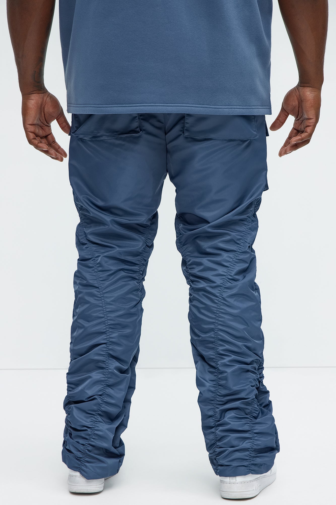Scrunched Flared Nylon Cargo Pants - Blue