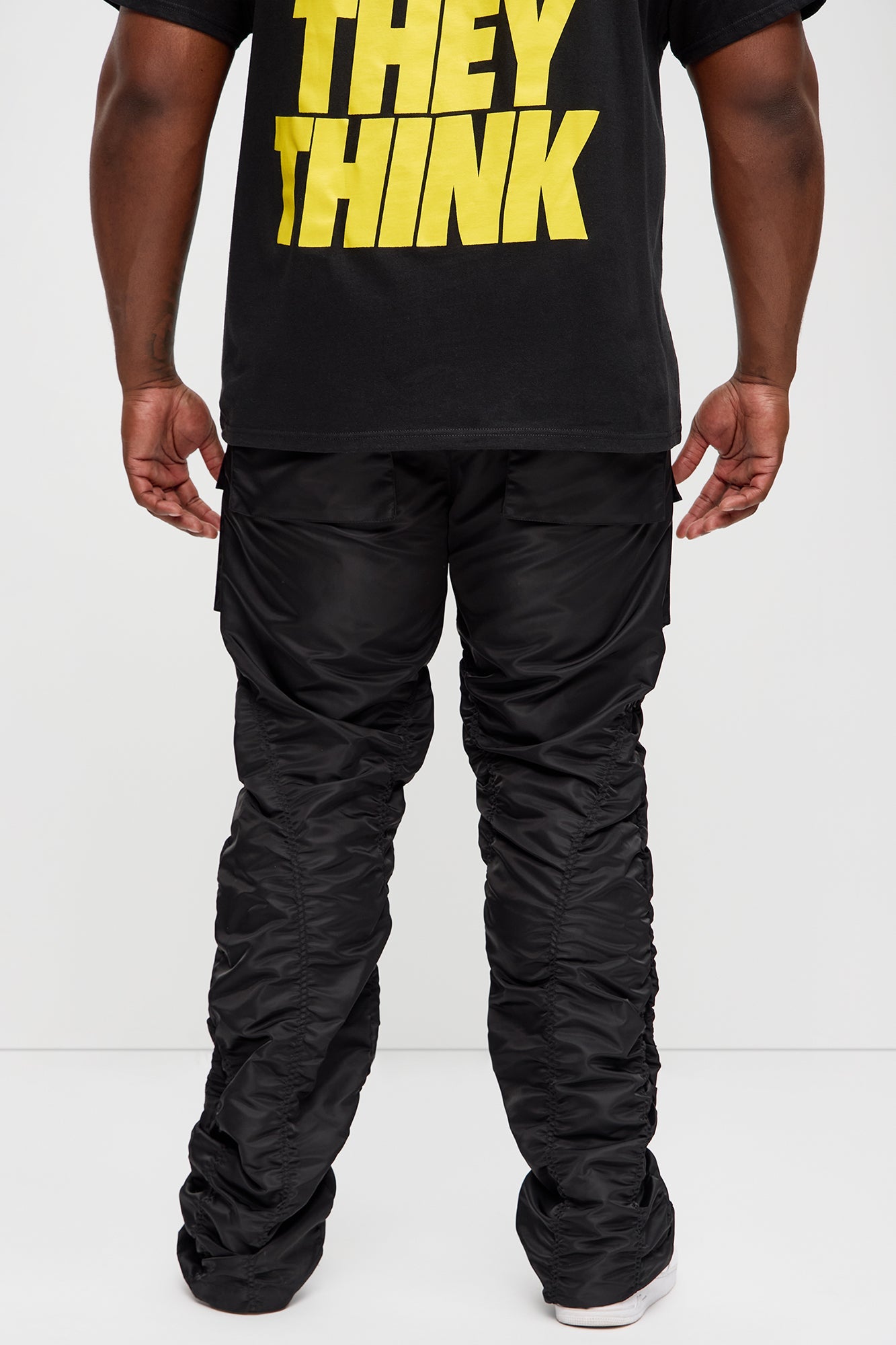 Scrunched Flared Nylon Cargo Pants - Black