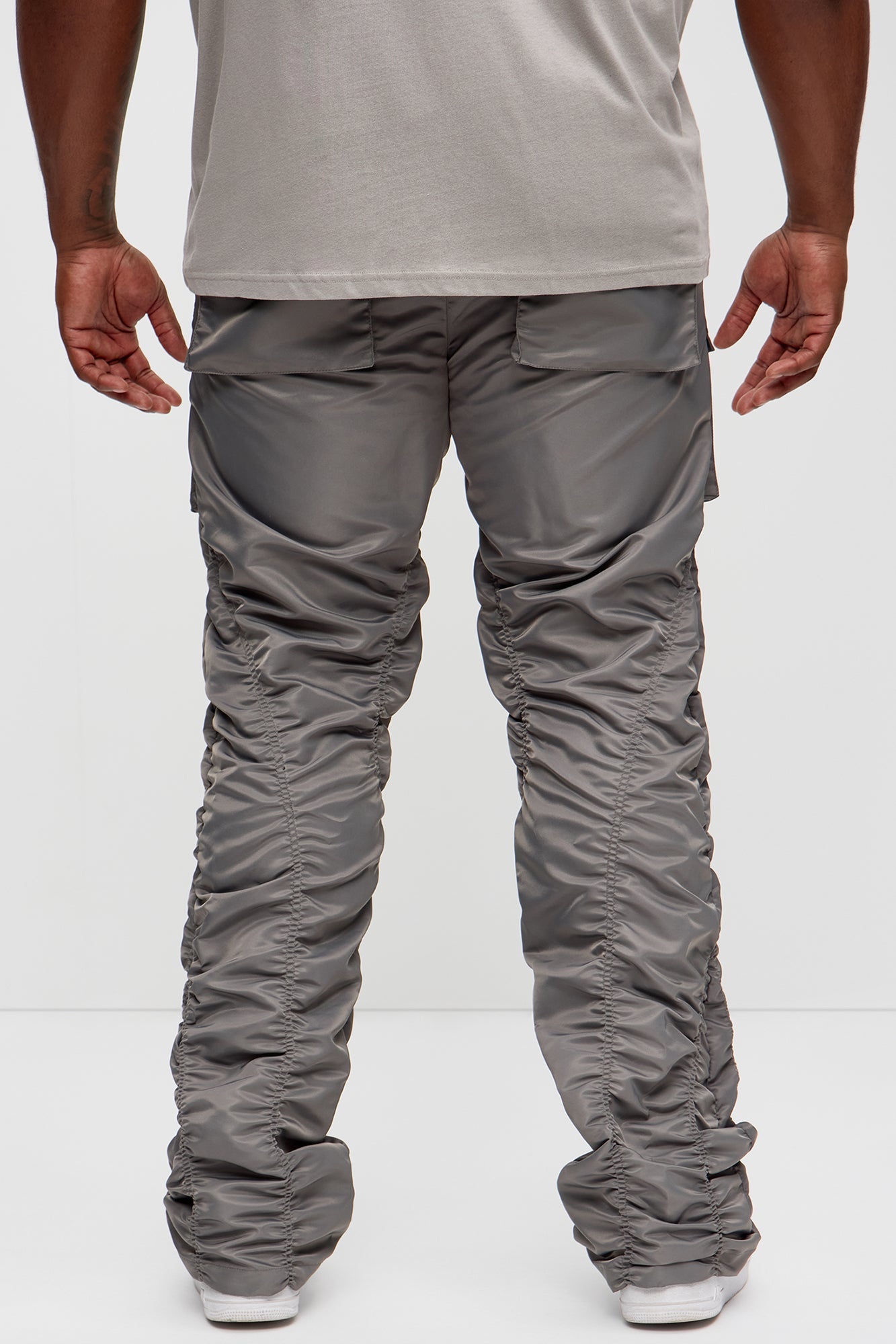 Scrunched Flared Nylon Cargo Pants - Charcoal