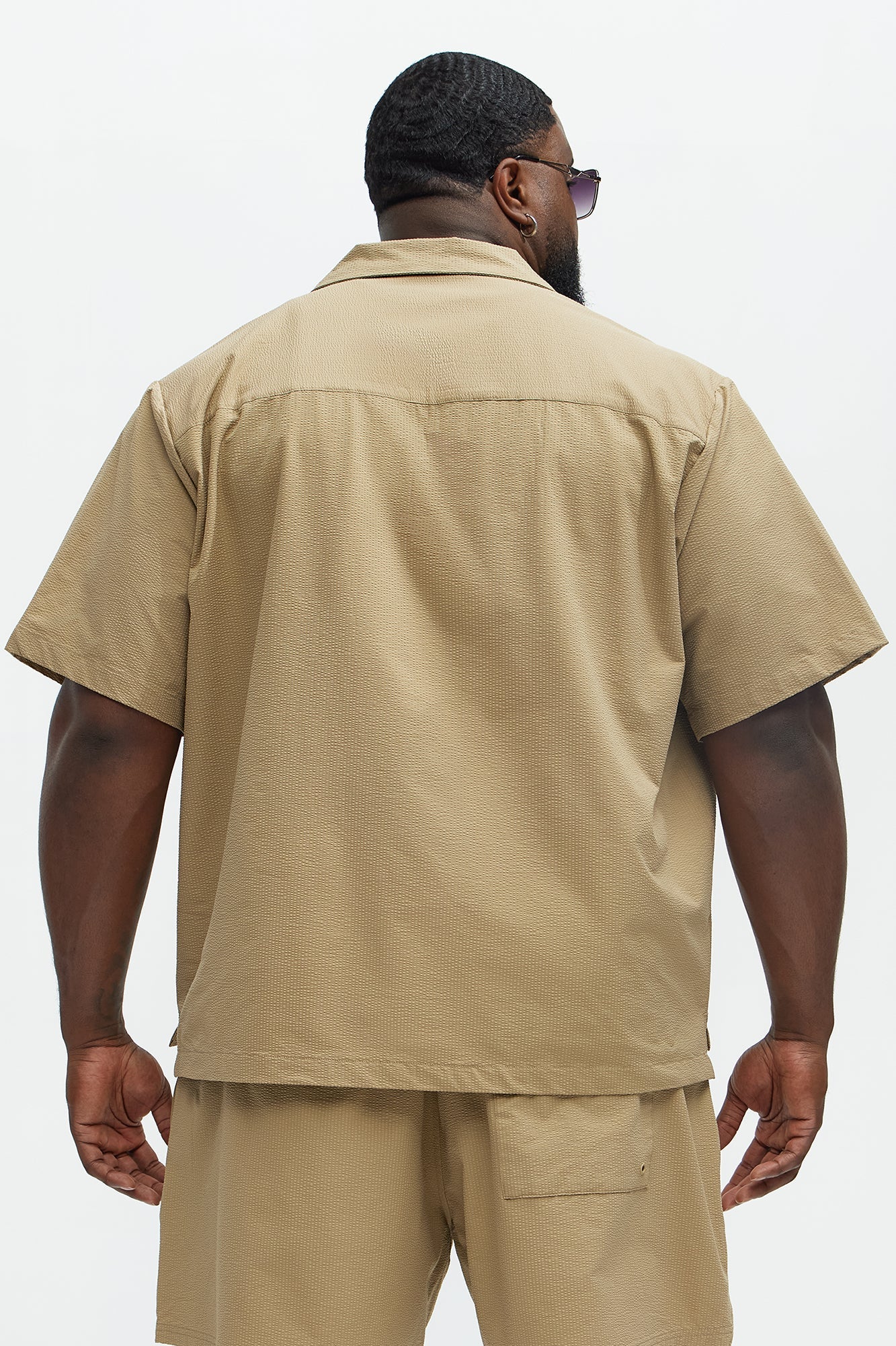 Seersucker Short Sleeve Cuban Collar Shirt - Khaki