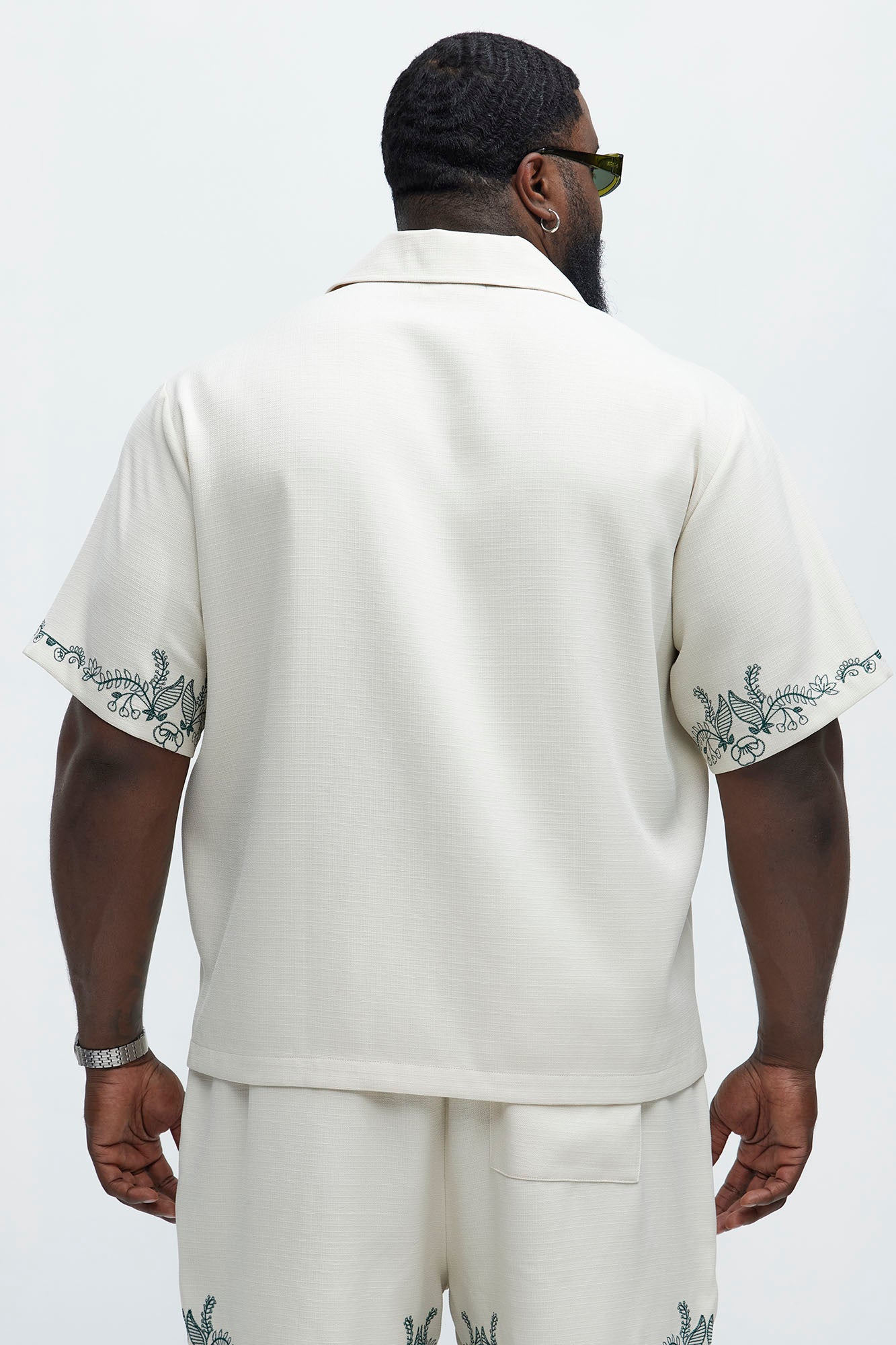 Vine Border Embroidery Cuban Shirt - Cream