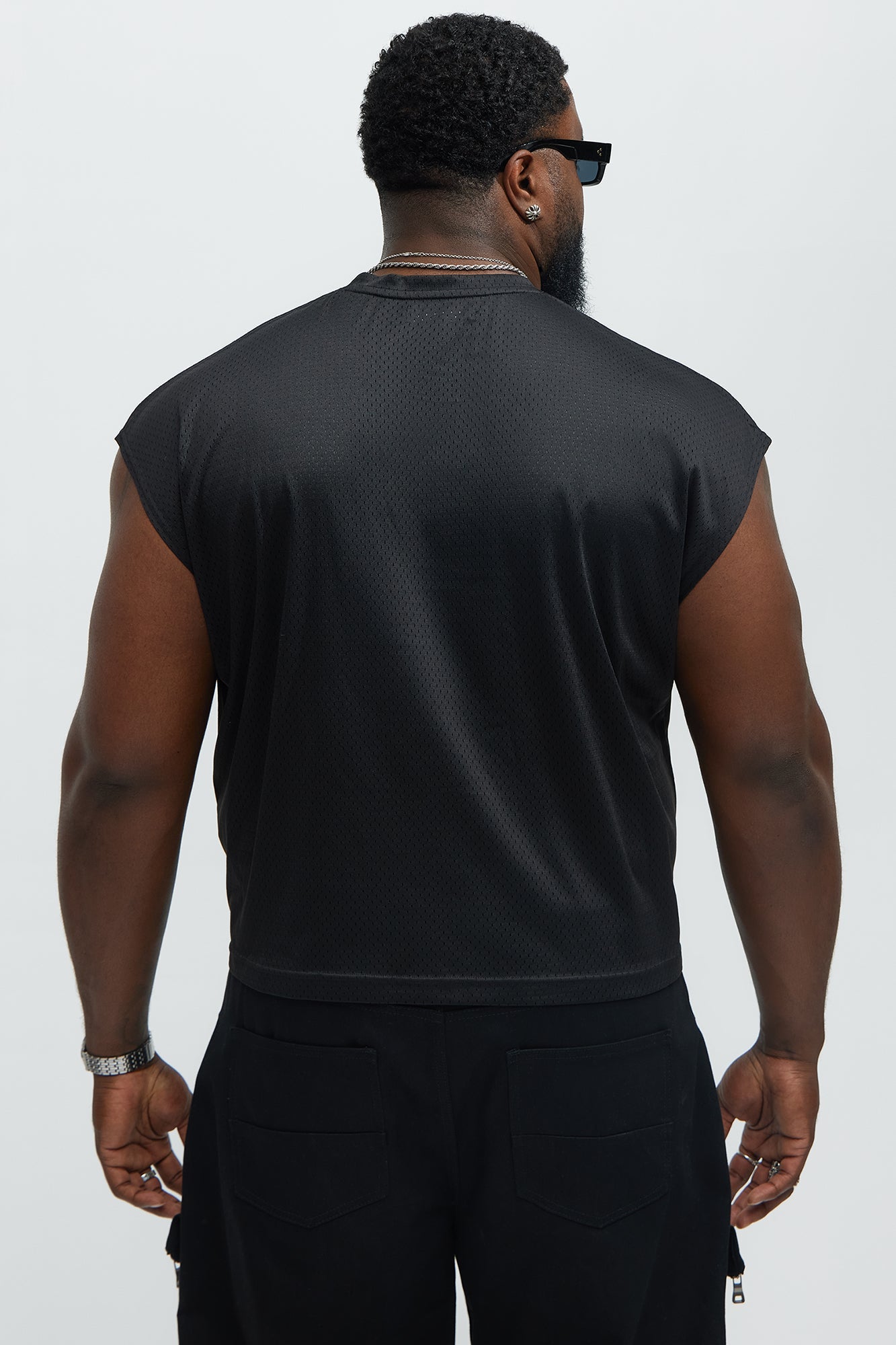 Boxy Mesh Sleeveless Muscle Tee - Black