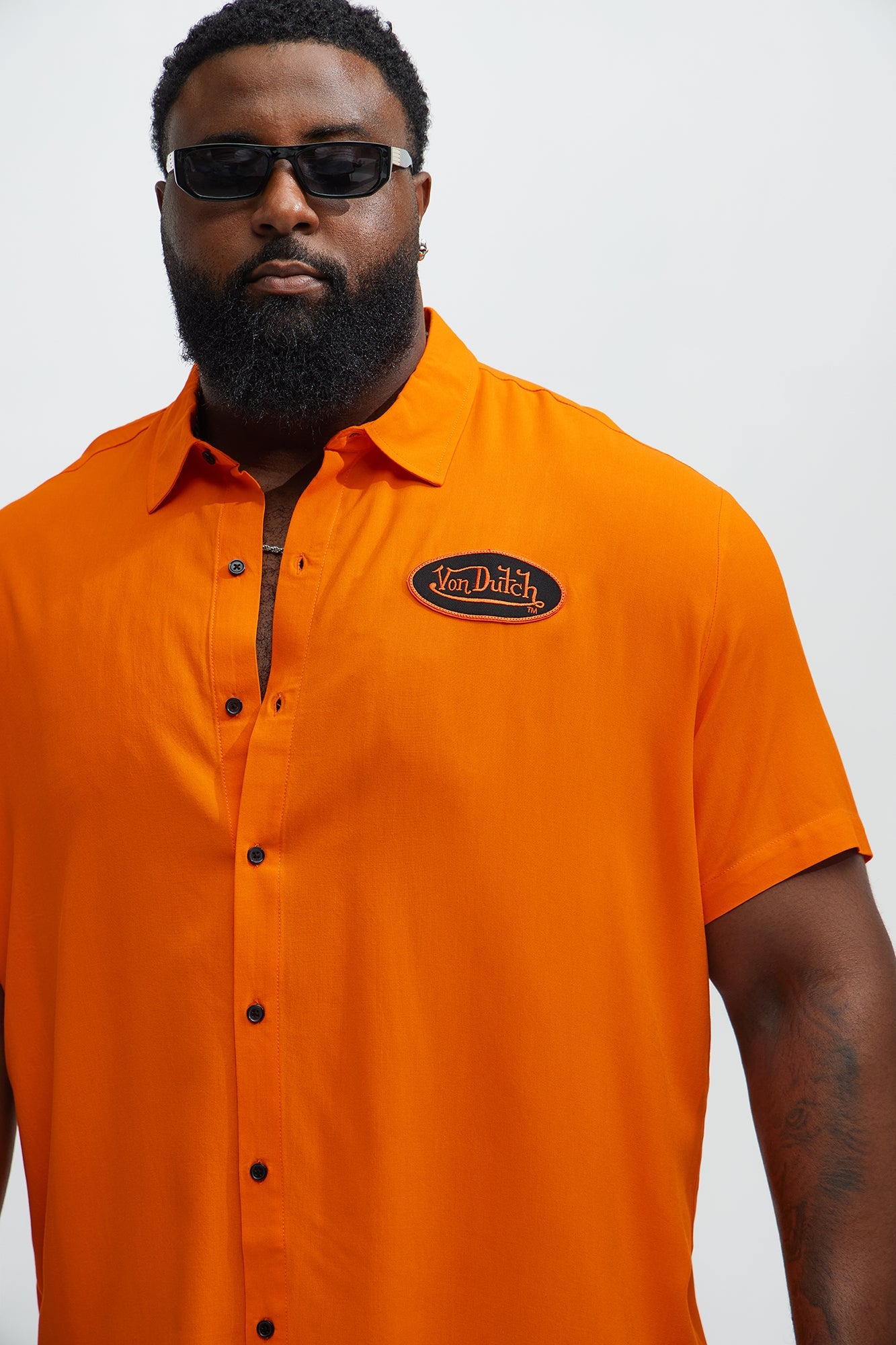 Von Dutch Front And Back Graphic Short Sleeve Button Up Shirt - Orange