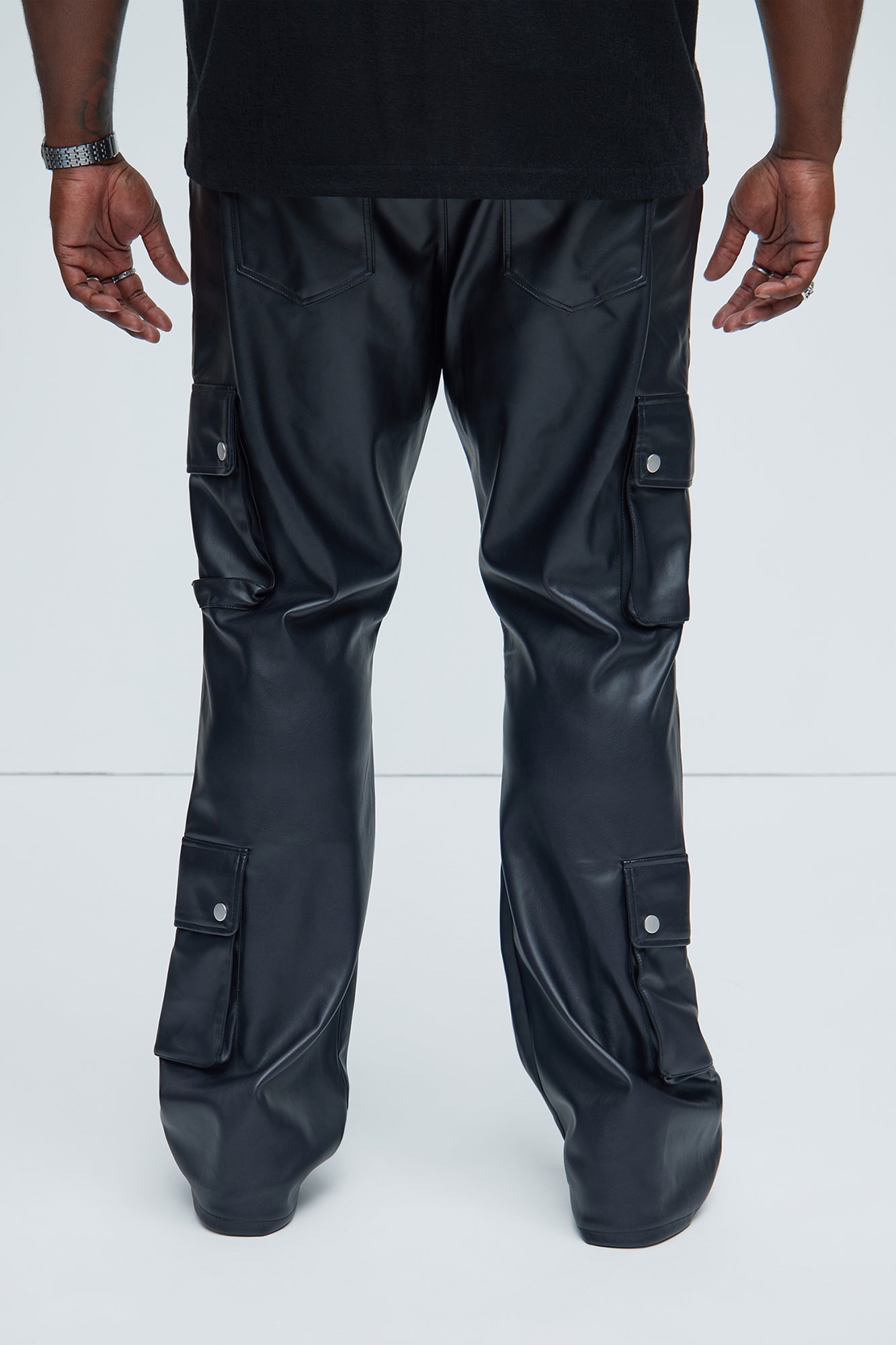 Name Of Love Faux Leather Stacked Slim Flare Pants - Black