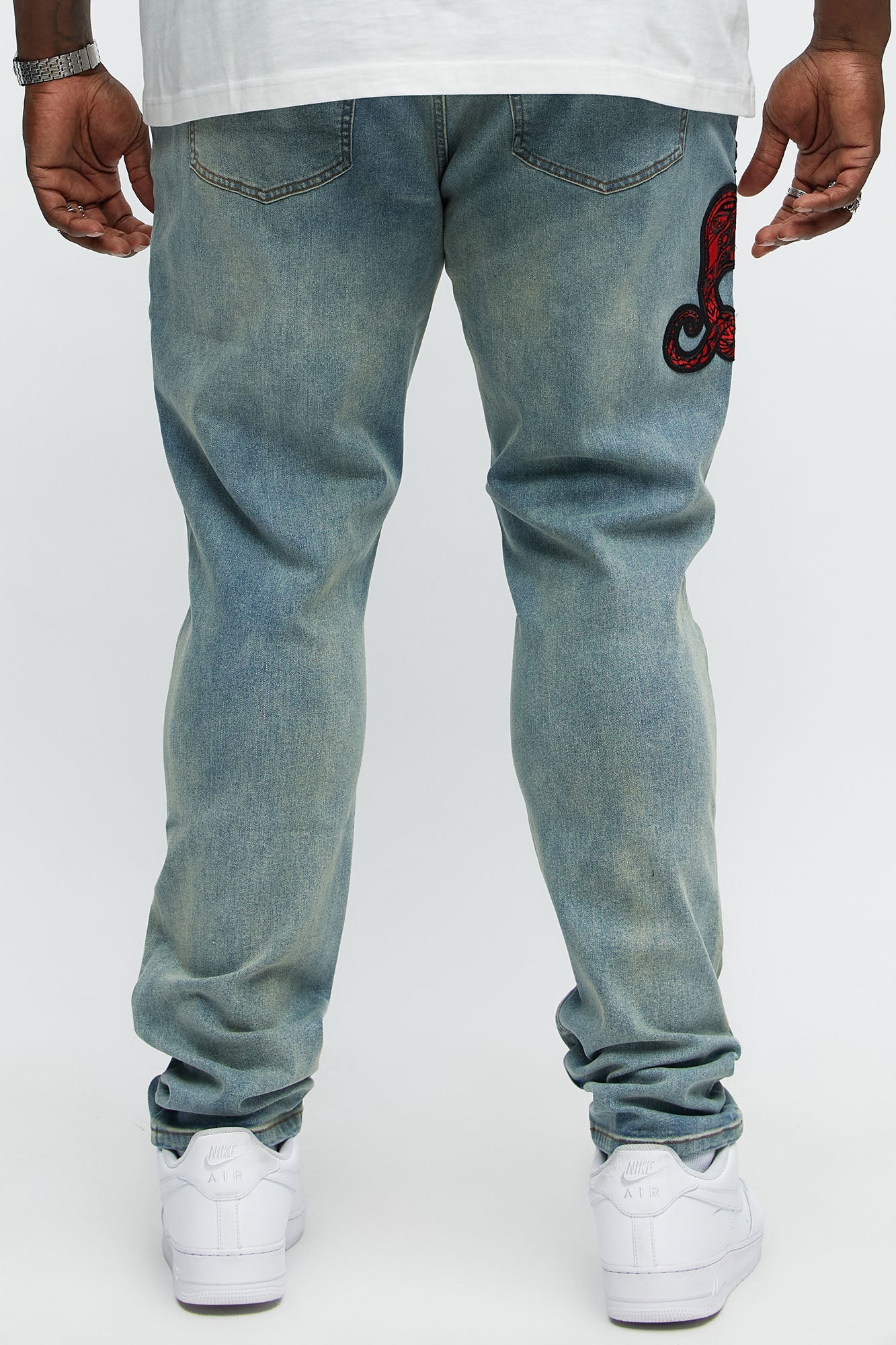 Side Snake Rip And Repair Stacked Skinny Jeans - Vintage Blue Wash