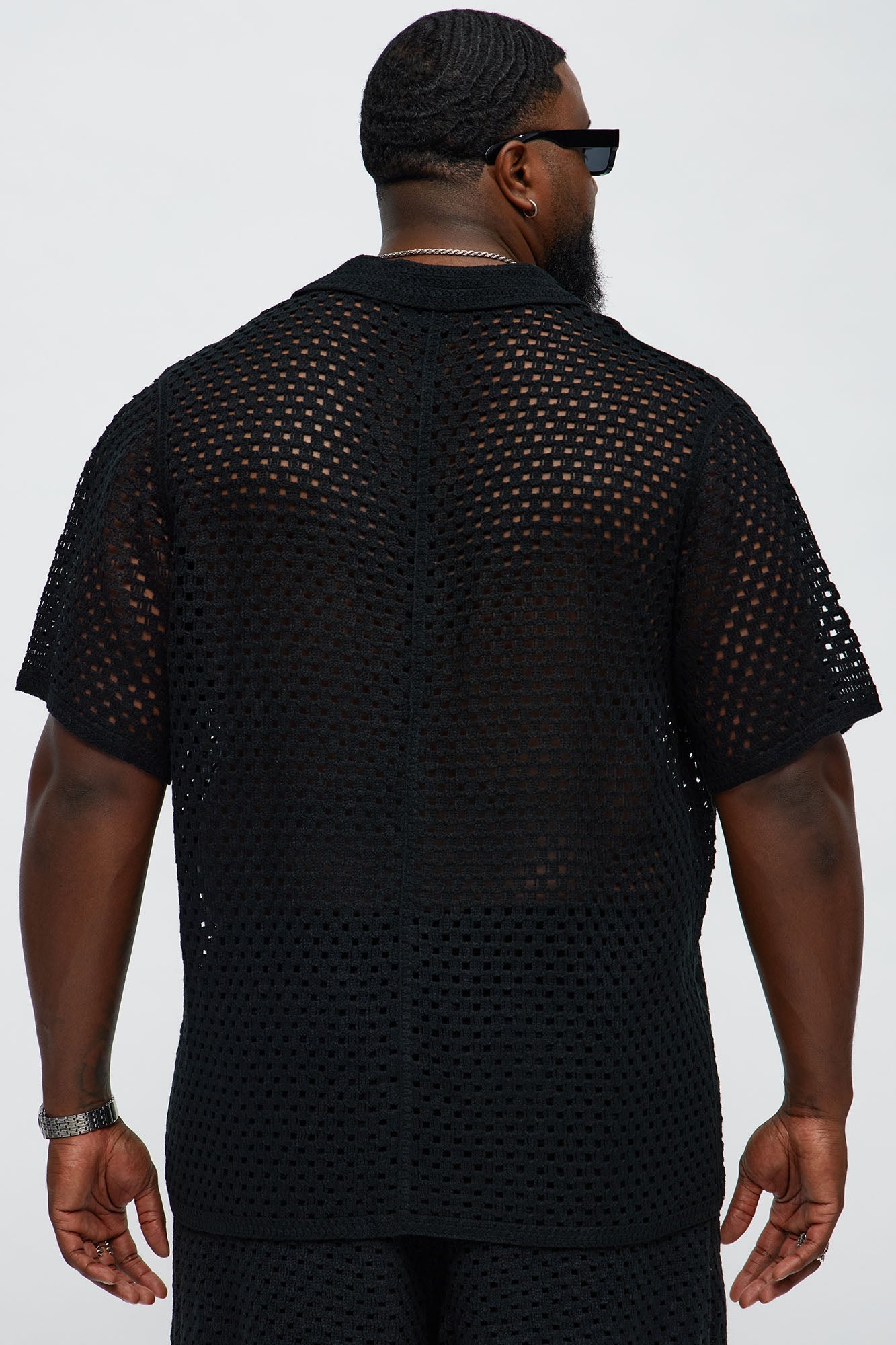 Crochet Panel Cuban Collar Button Up Shirt - Black/combo