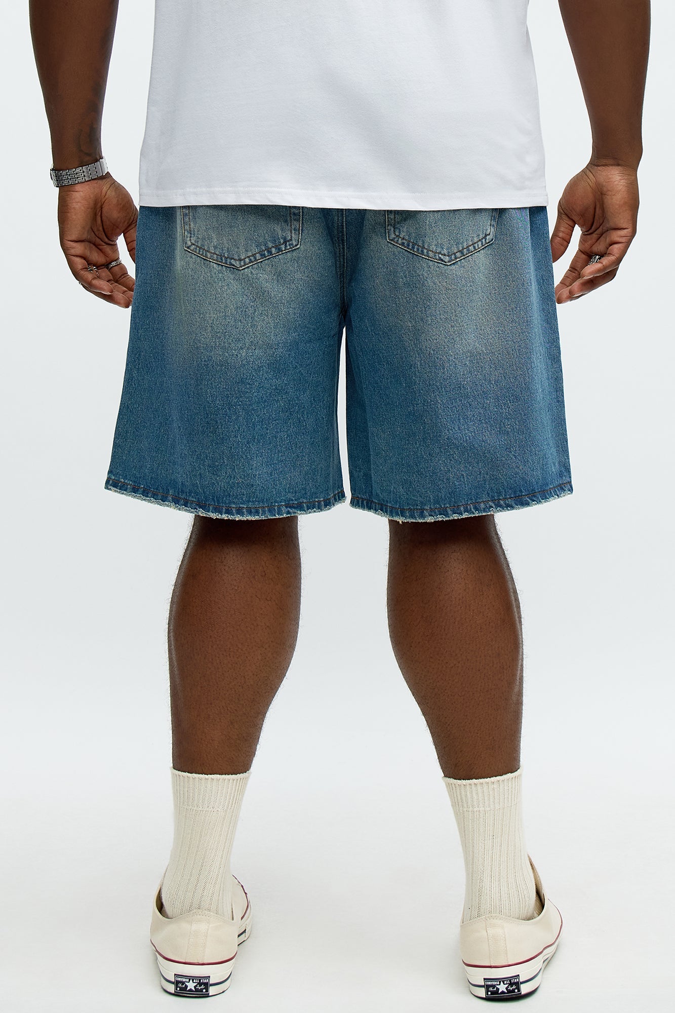 Relaxed Patches With Fray Distressed Denim Shorts - Vintage Blue Wash