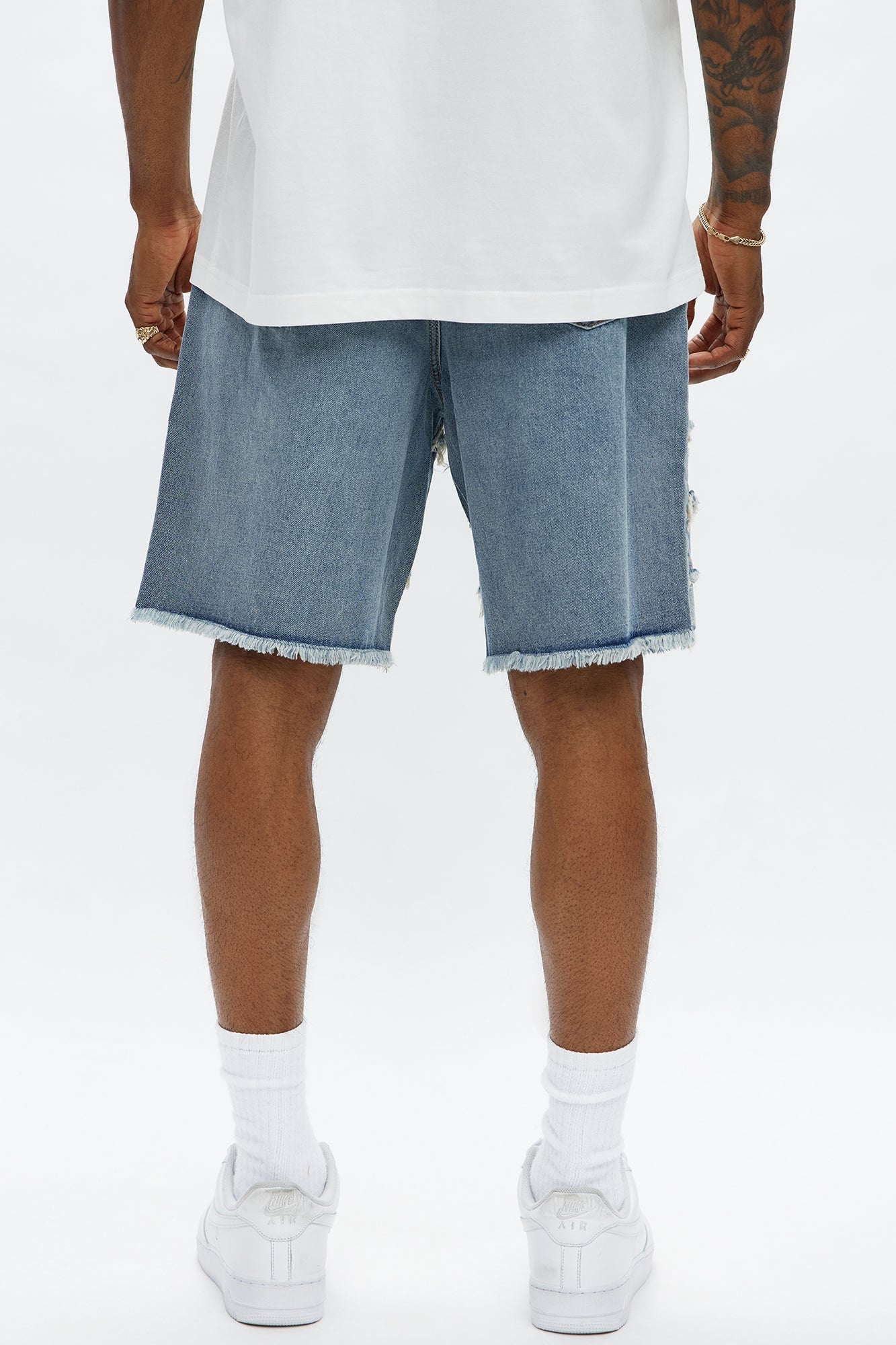 Relaxed Contrast With The Fray Denim Shorts - Medium Blue Wash