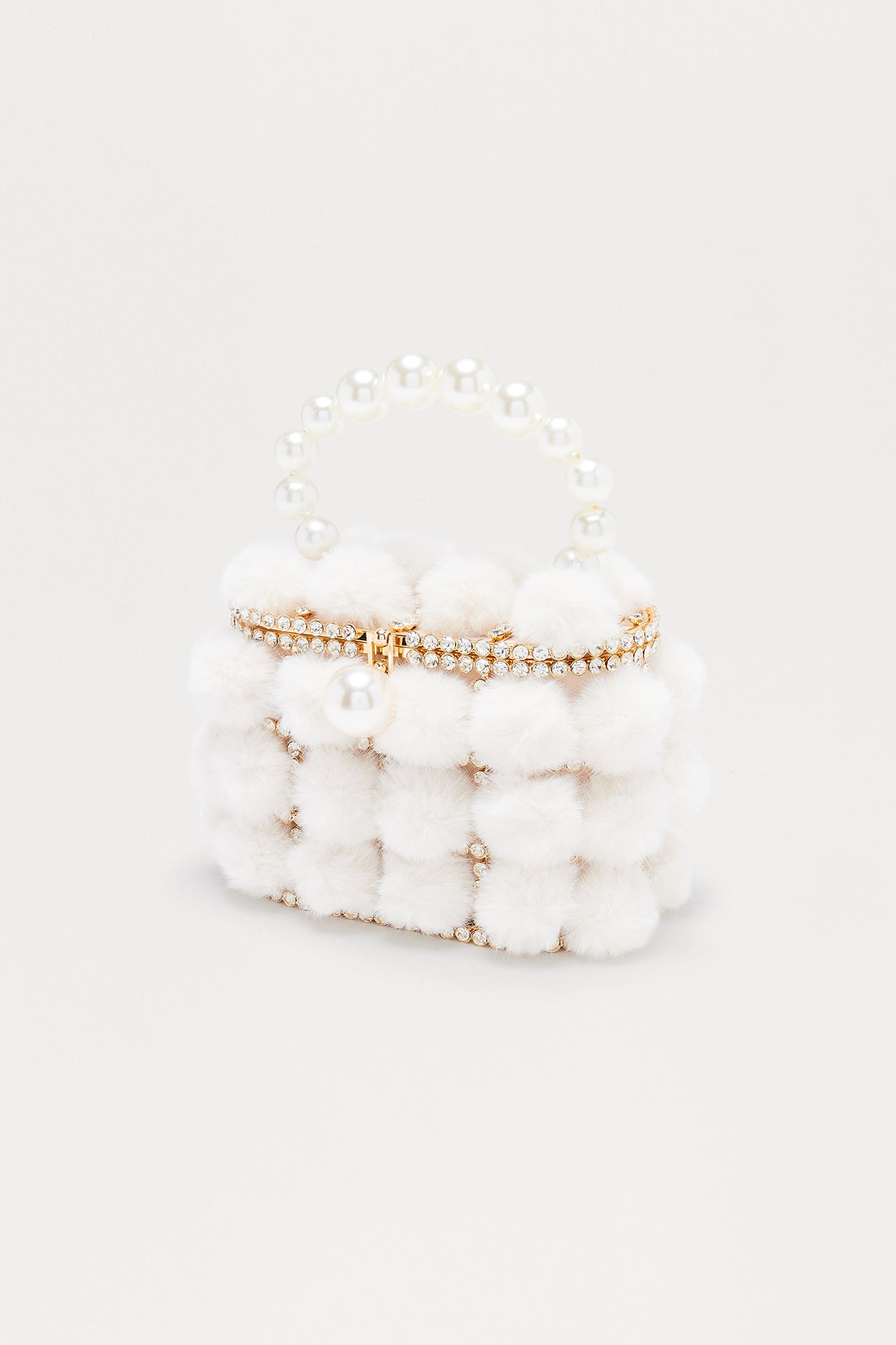 Mode Faux Fur Rhinestone And Pearl Clutch - Ivory