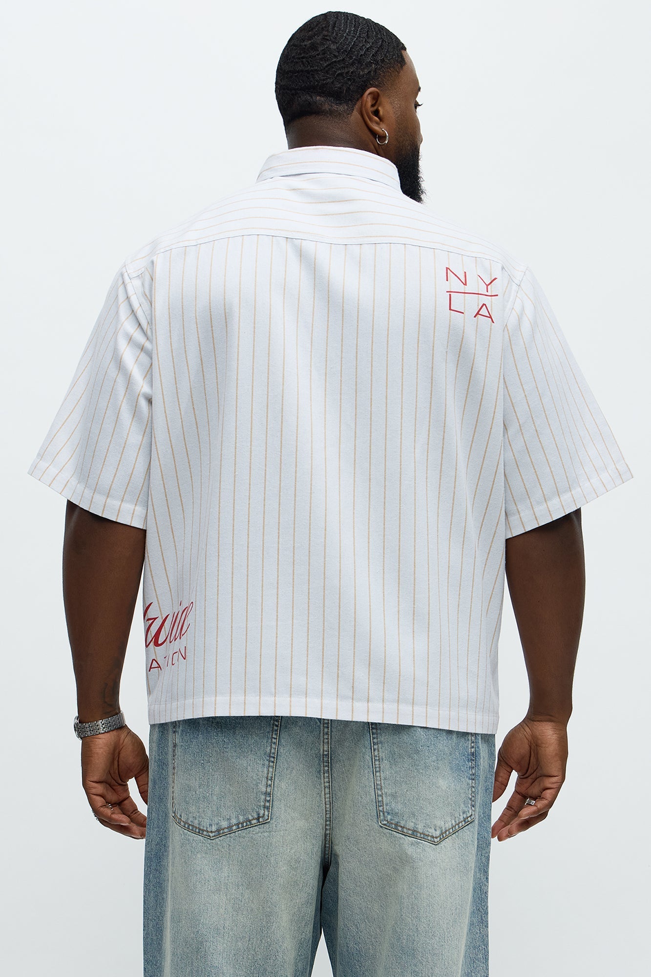 Worldwide Striped Cropped Button Up Shirt - White