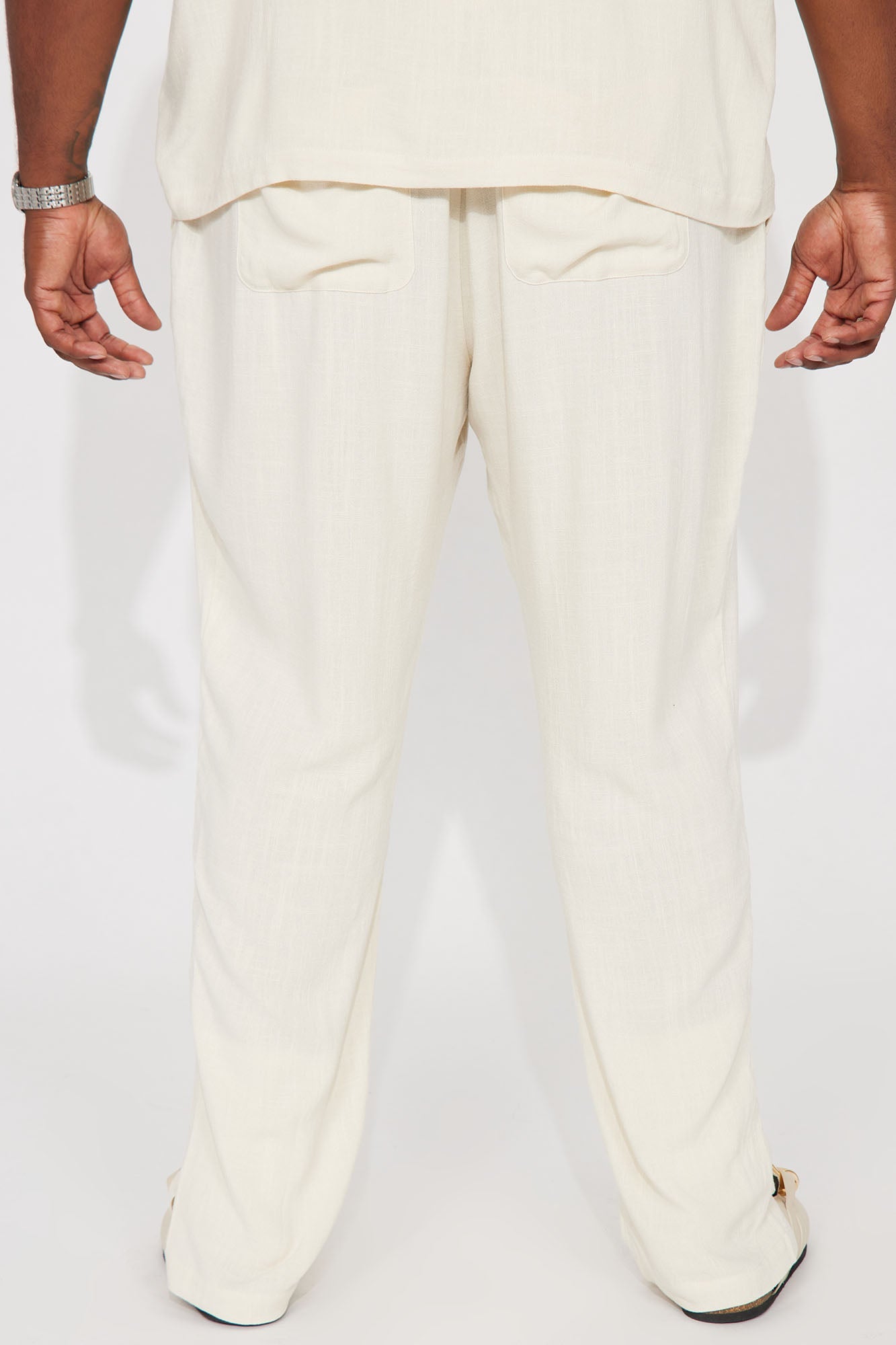 Solid Textured Linen Pull On Side Slit Pants - Cream