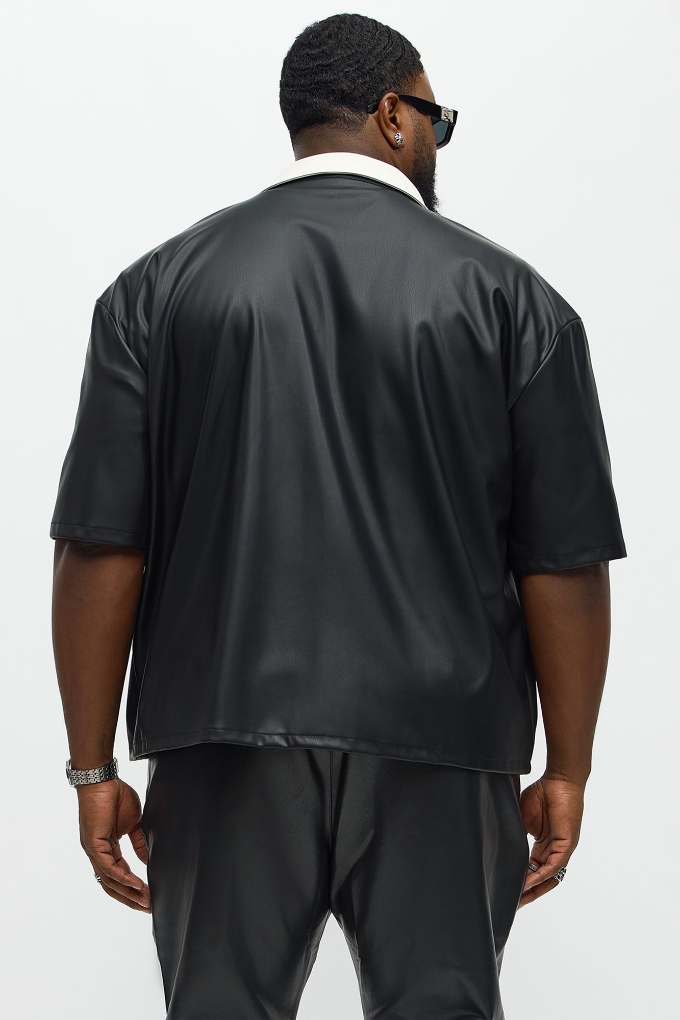 Cropped Colored Collar Faux leather Button Up Shirt - Black