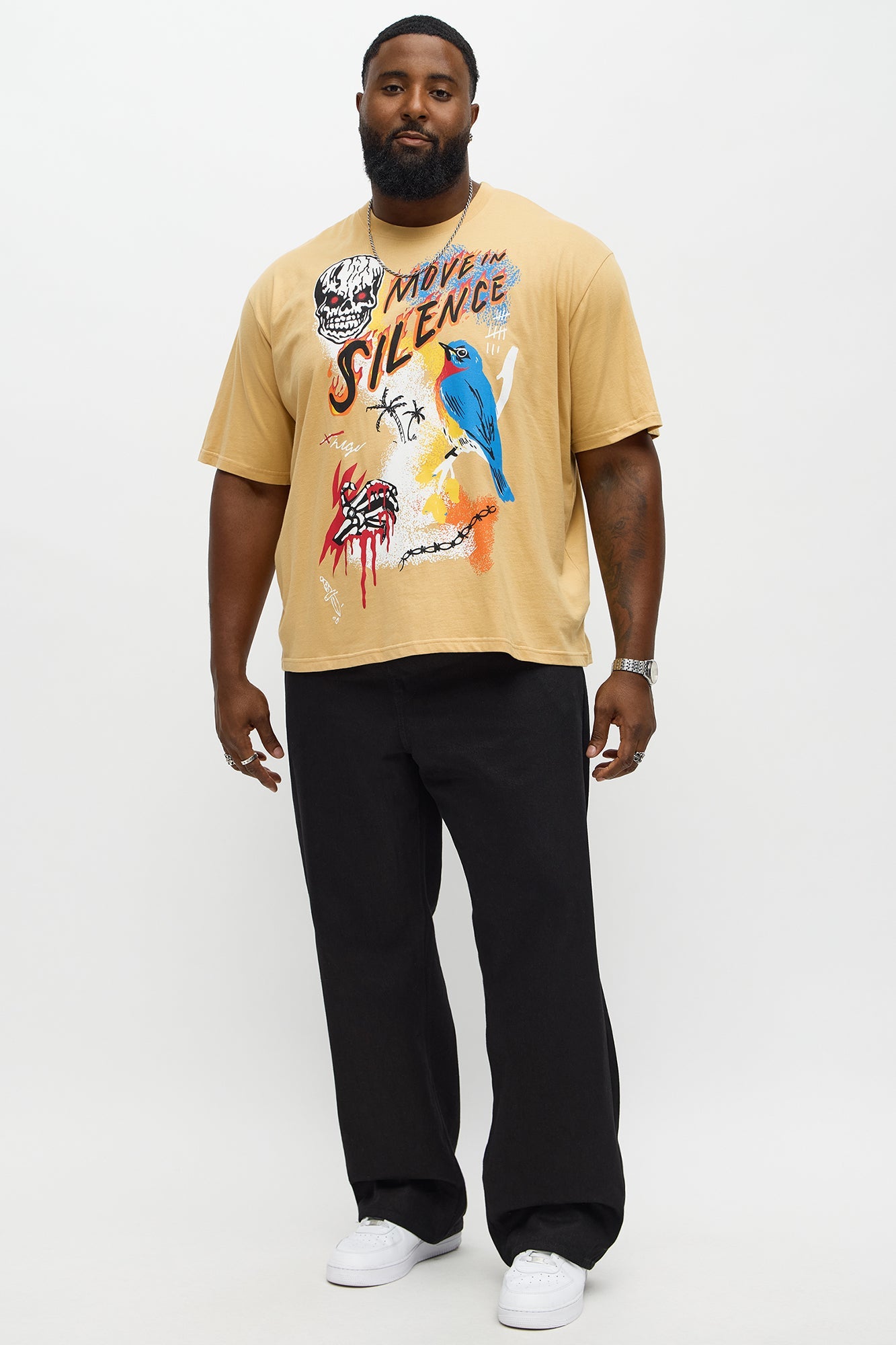 Move In Silence Skull Oversized Short Sleeve Tee - Khaki