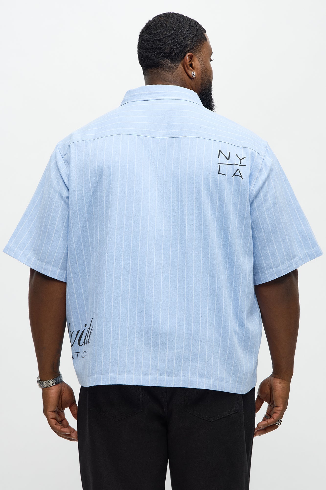 Worldwide Striped Cropped Button Up Shirt - Light Blue