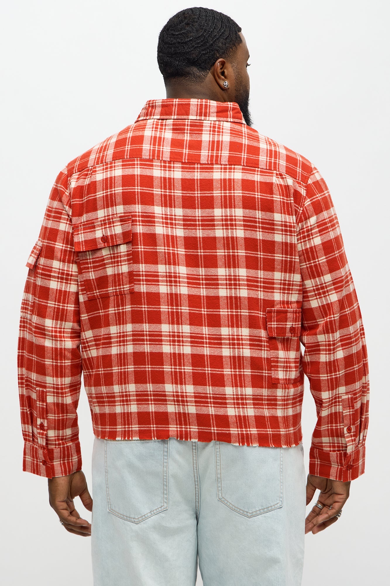 Cropped Cargo Pocket Flannel Button Up - Red/combo