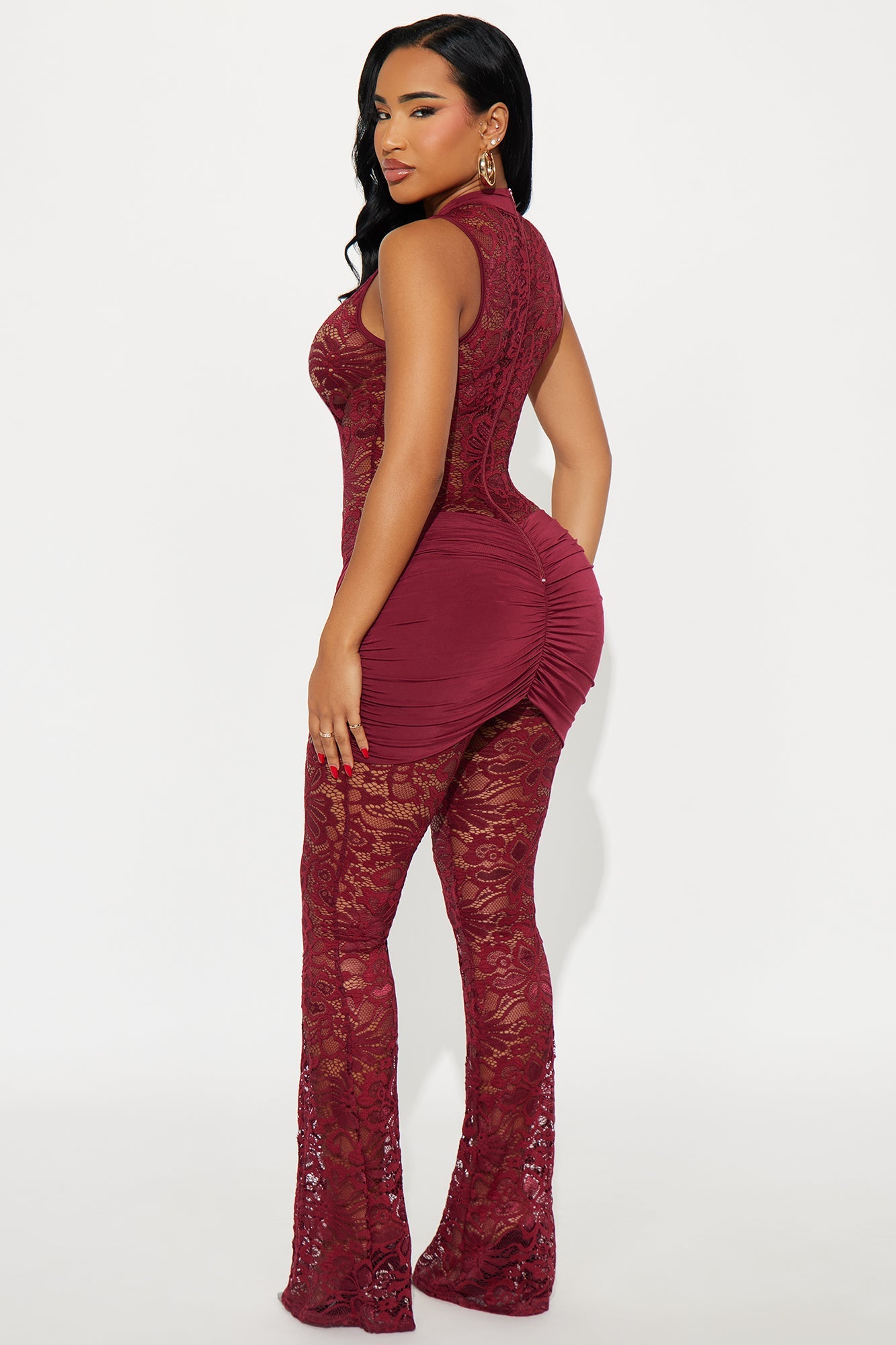 Come Closer Lace Flare Leg Jumpsuit - Wine