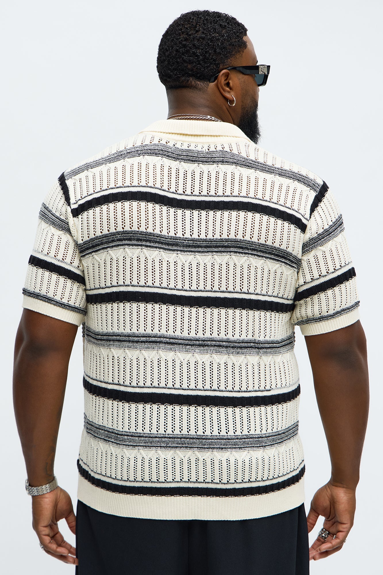 Crossroads Open Knit Johnny Collar Shirt - Cream/combo