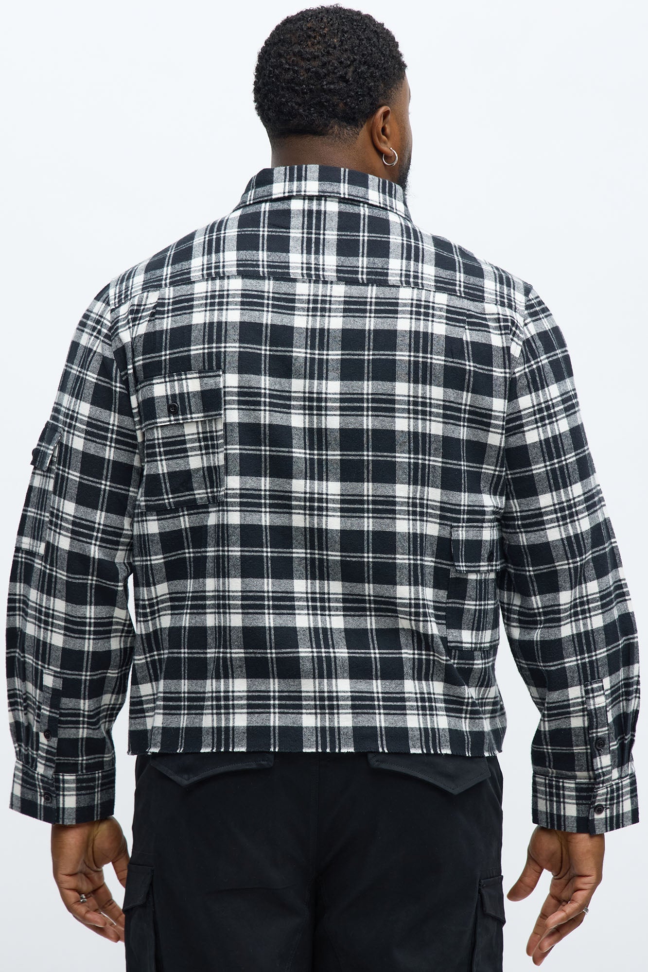 Cropped Cargo Pocket Flannel Button Up - Black