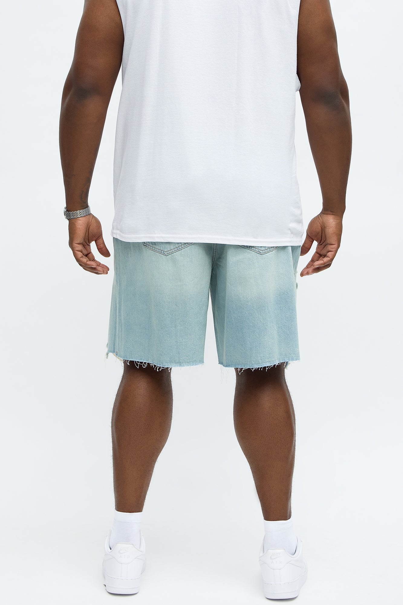 Relaxed Raw Hem Distressed Denim Shorts - Medium Blue Wash