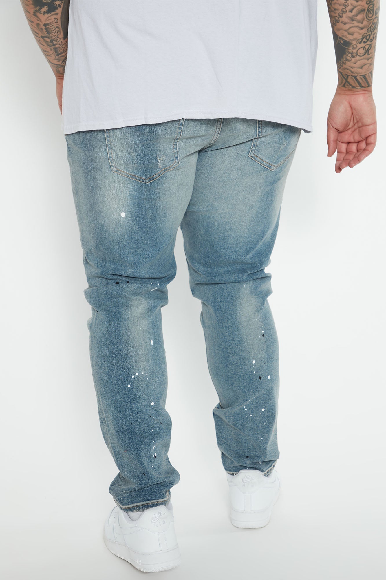 Ripped And Bleach Splatter Slim Jeans - Light Blue Wash