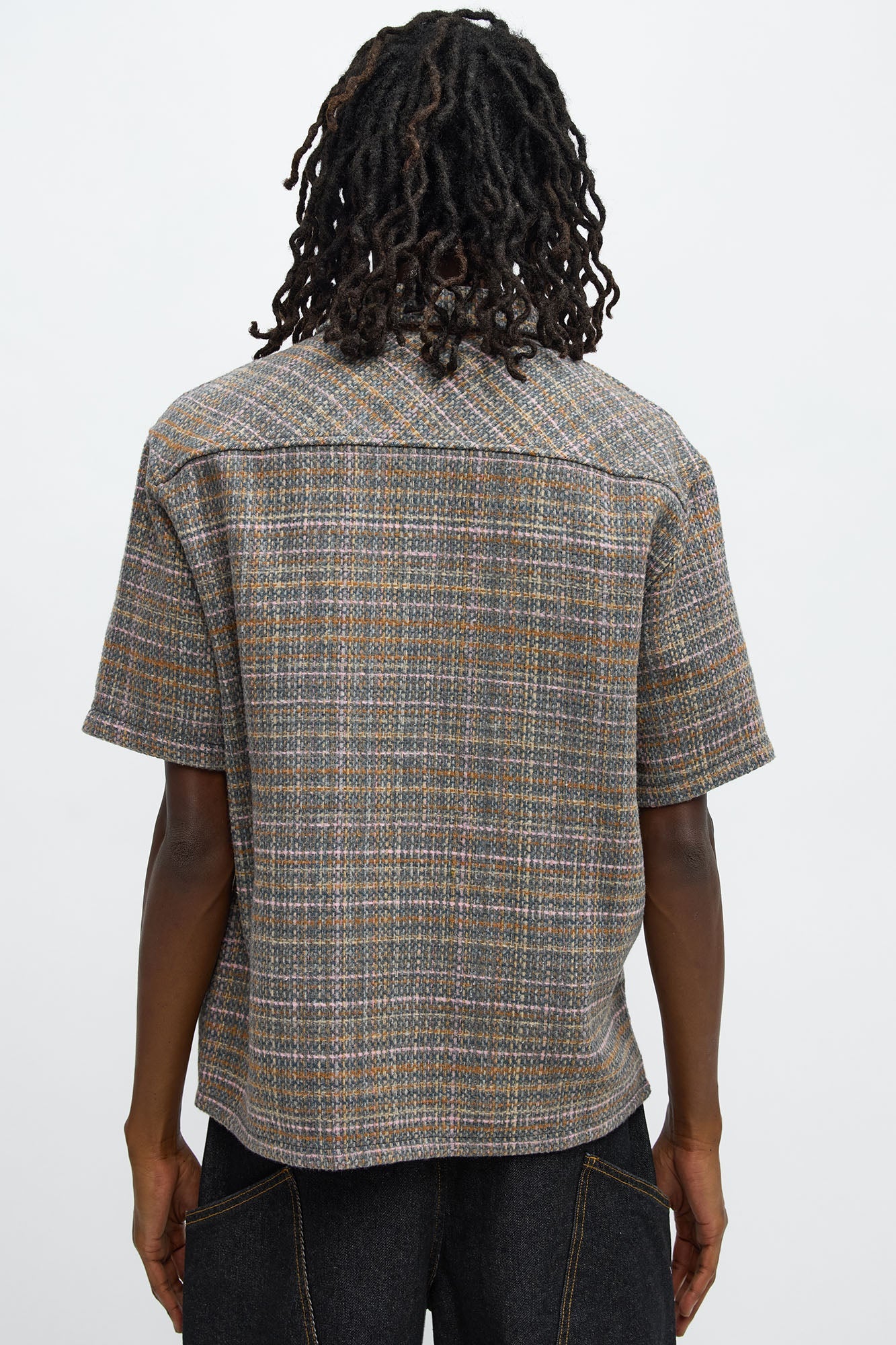 Cropped Tweed Button Up Shirt - Grey/combo