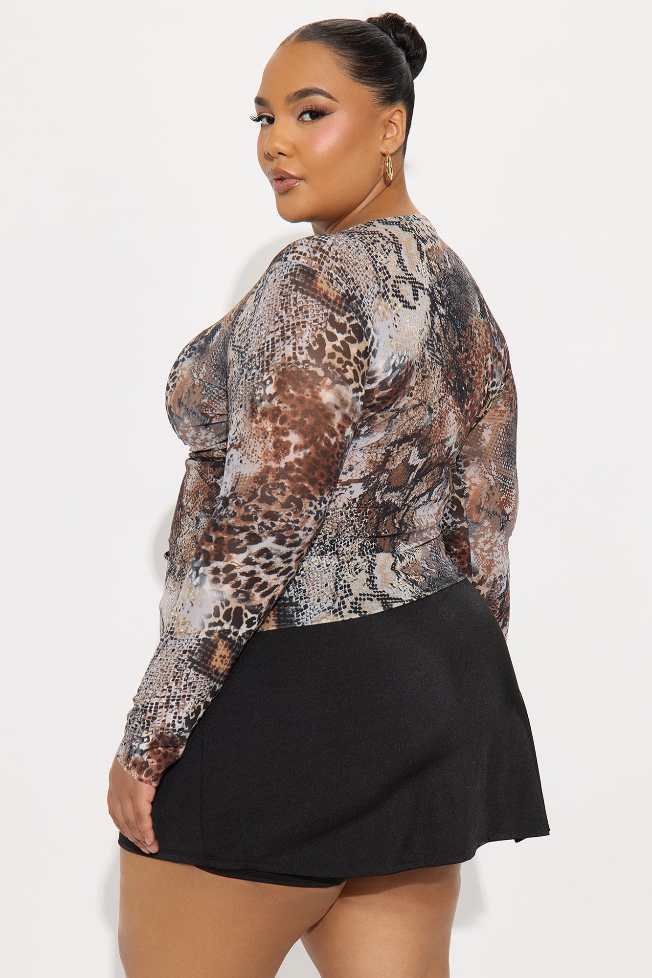 Xaviera Ruched Asymmetrical Mesh Top - Brown/combo