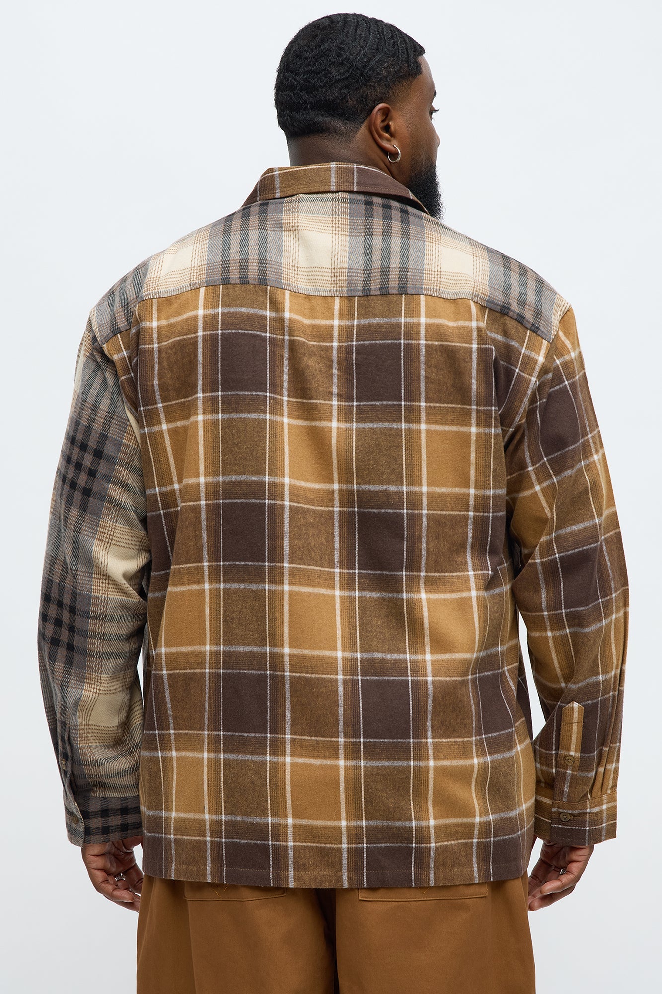 Patchwork Flannel Button Up Shirt - Brown Combo