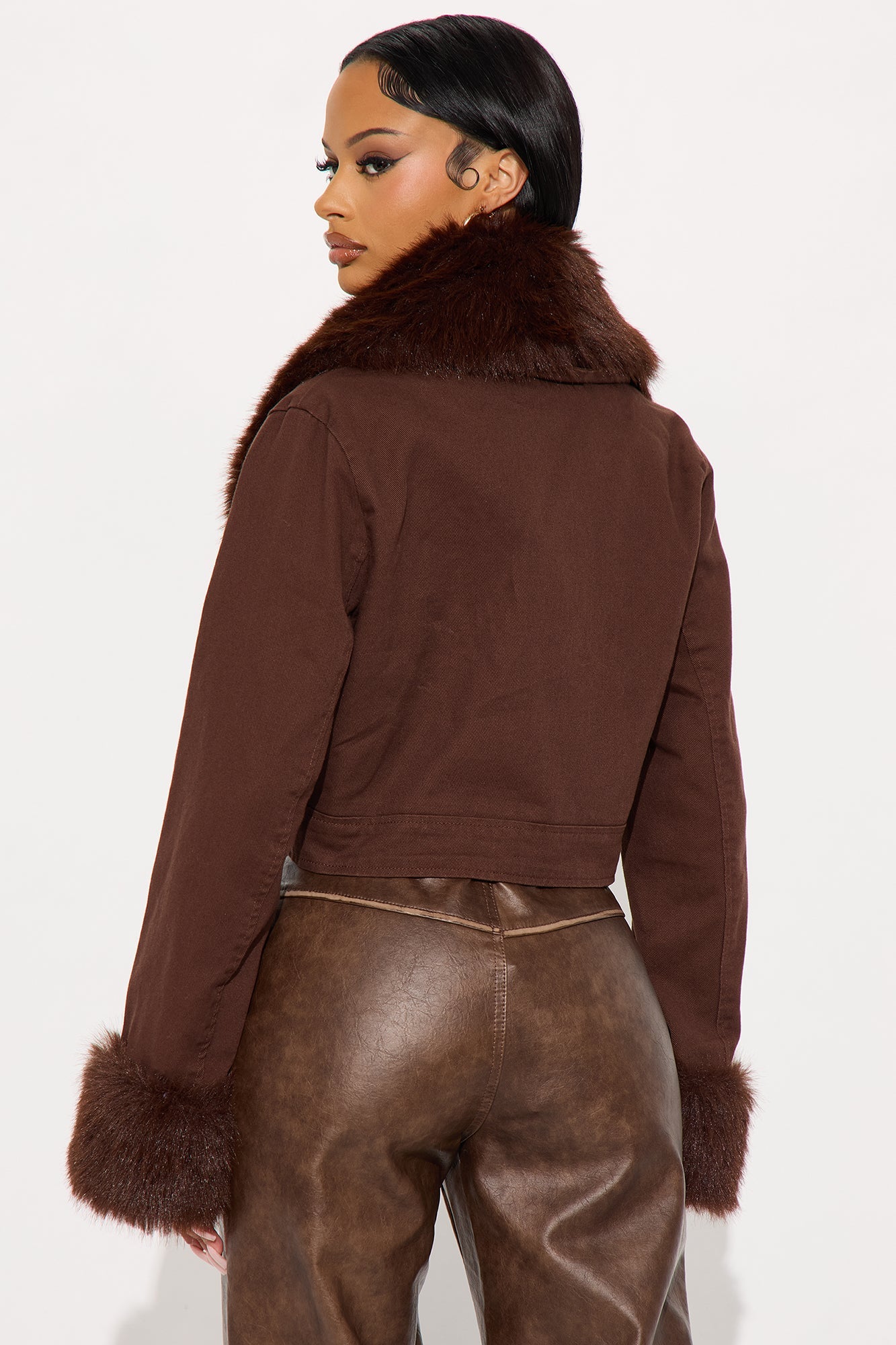All For You Twill Faux Fur Trim Jacket - Brown