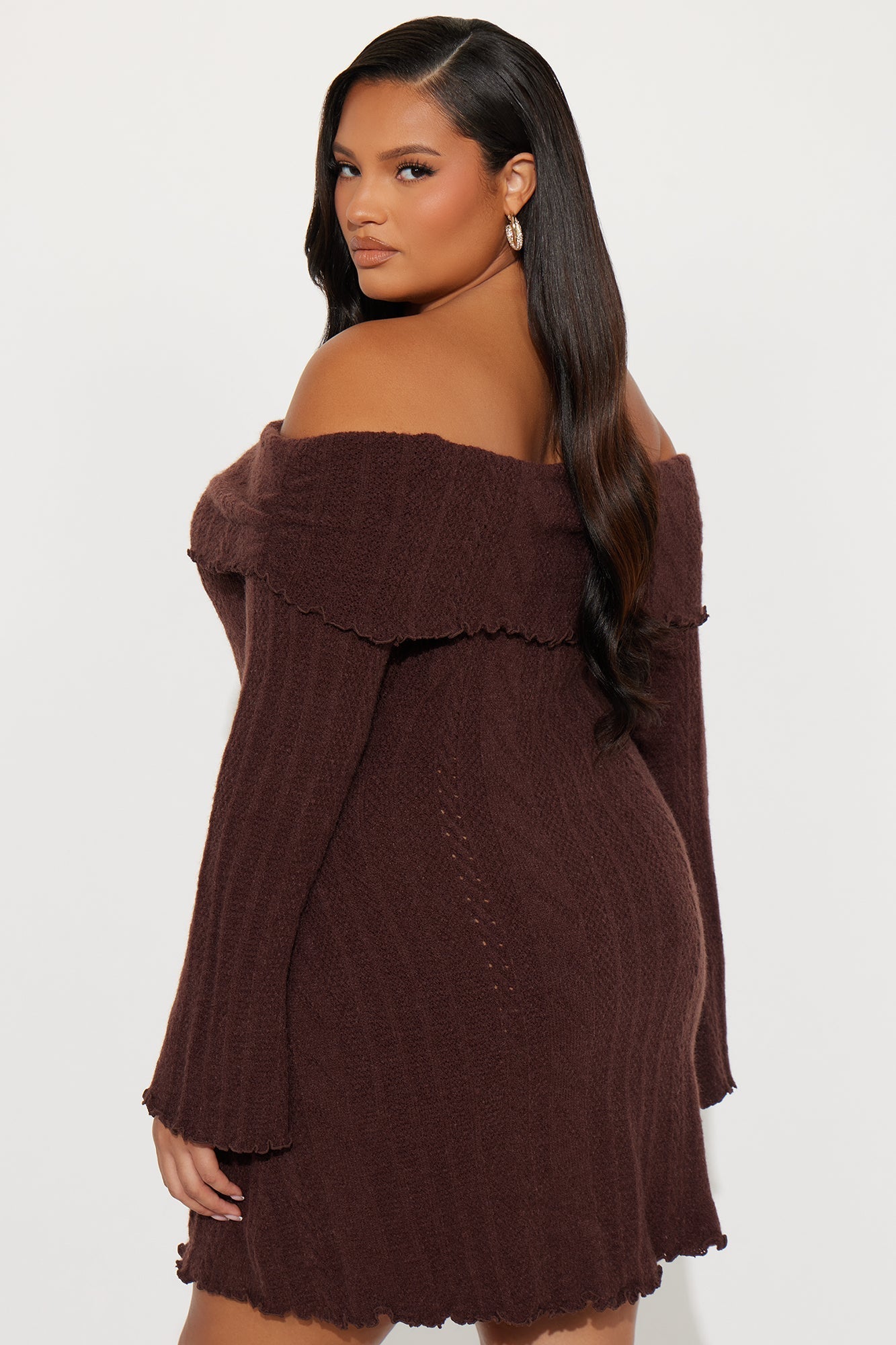 Kallie Off Shoulder Sweater Mini Dress - Chocolate