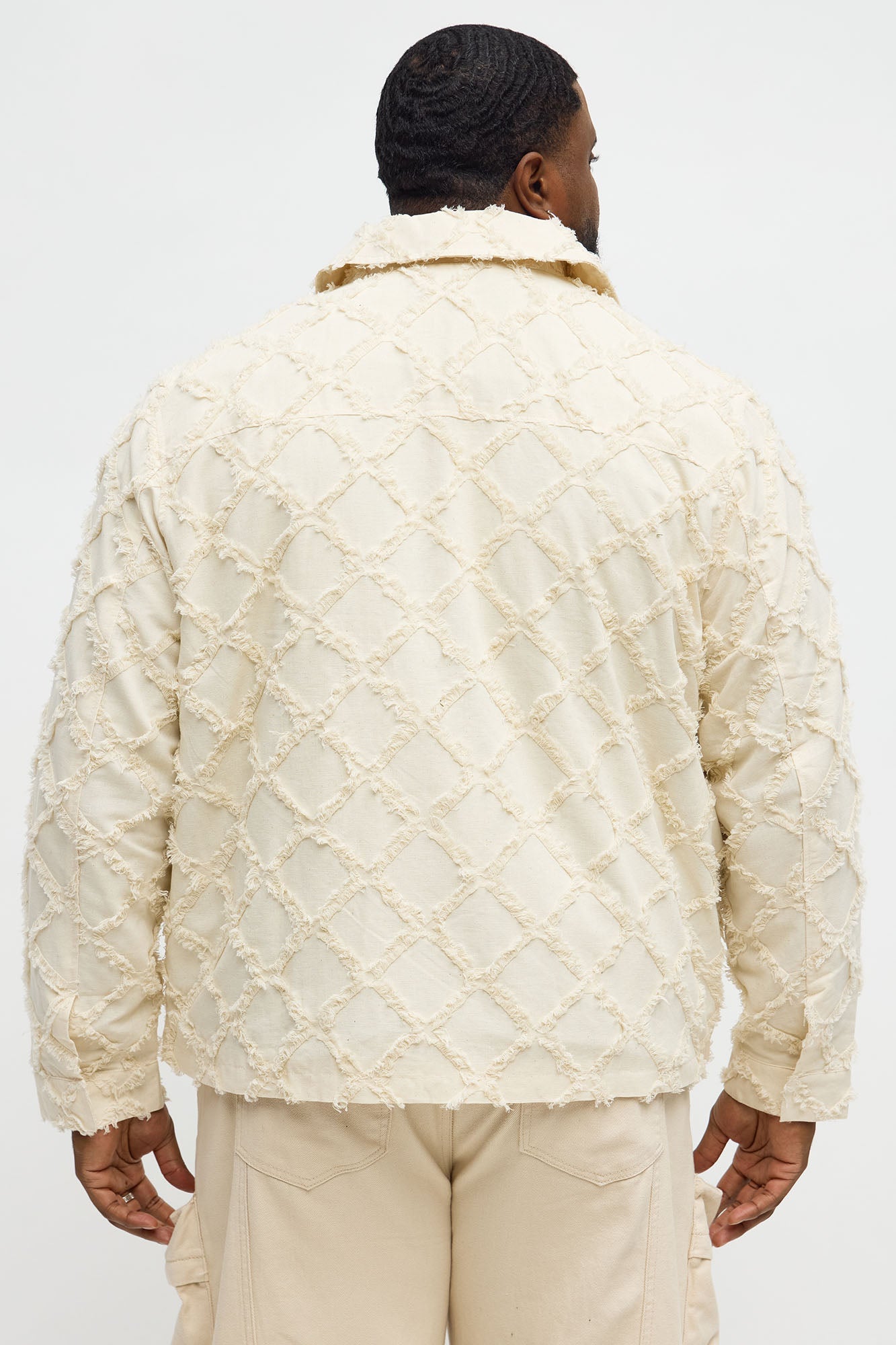 Textured Diamond Frayed Work Jacket - Cream