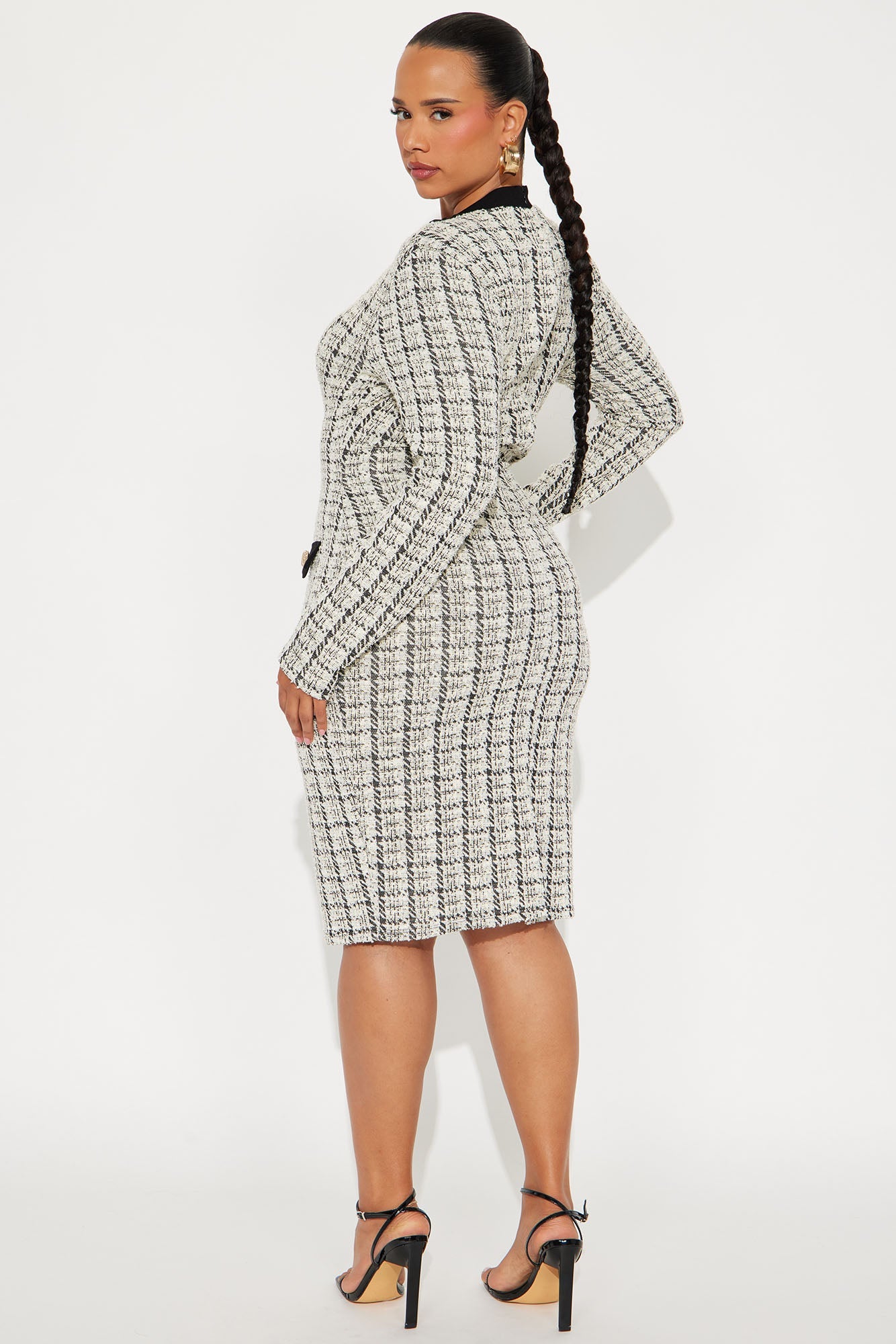 Marissa Tweed Long Sleeve Midi Dress - White/Black
