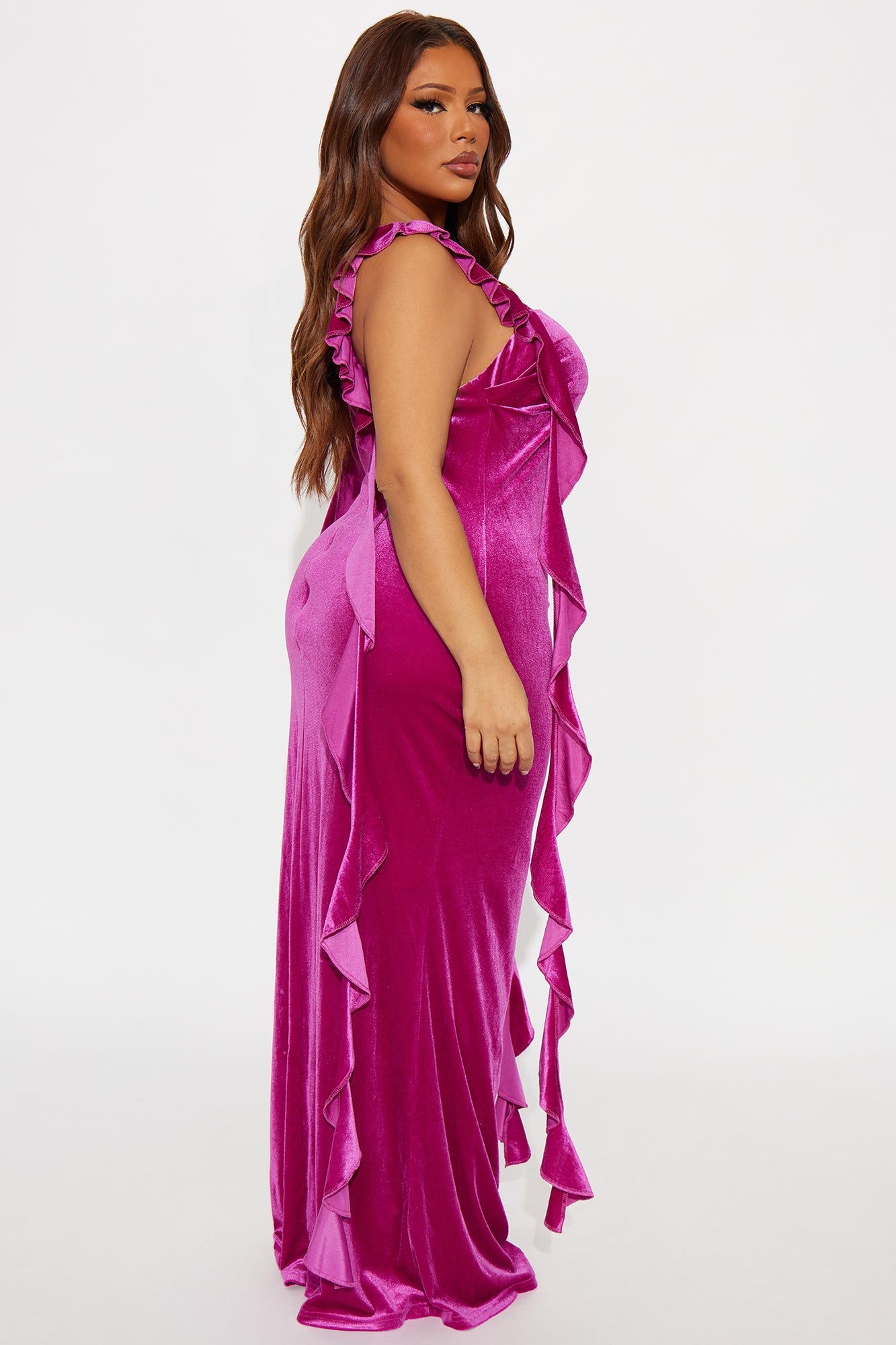 Mayli Ruffle Velvet Gown - Magenta