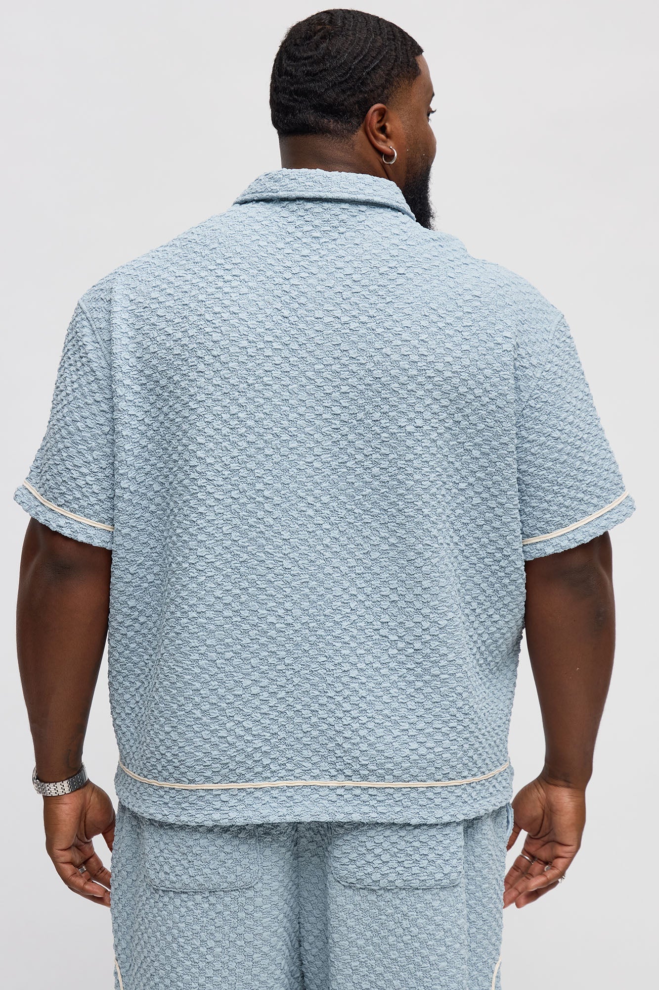 Boxy Soho Weave Applique Textured Button Up Shirt - Light Blue