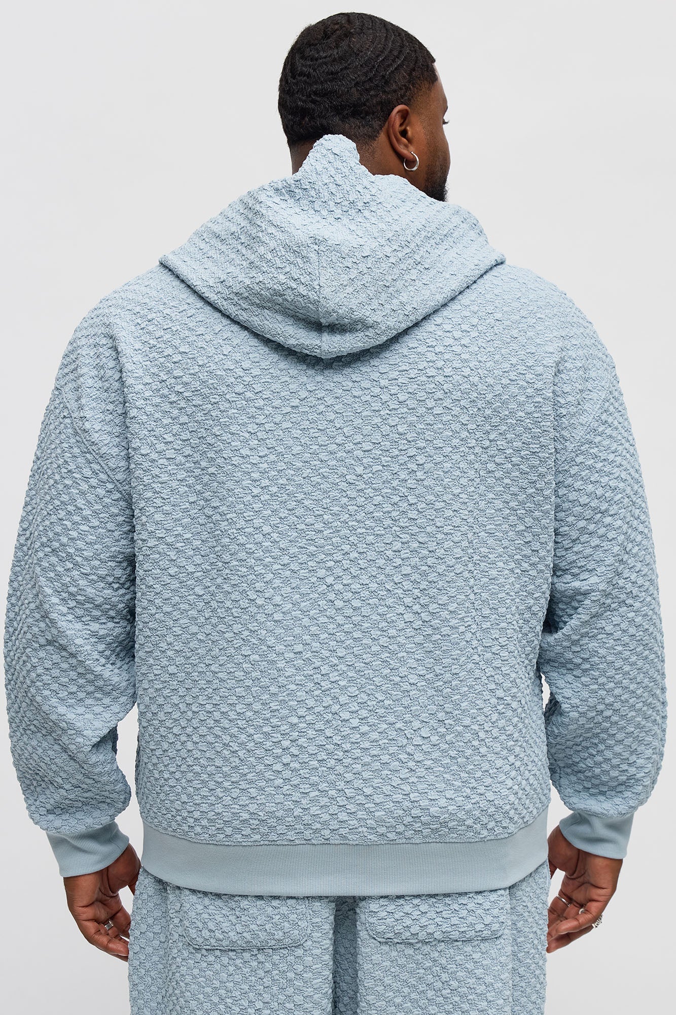 Soho Weave Applique Textured Zip Hoodie - Light Blue