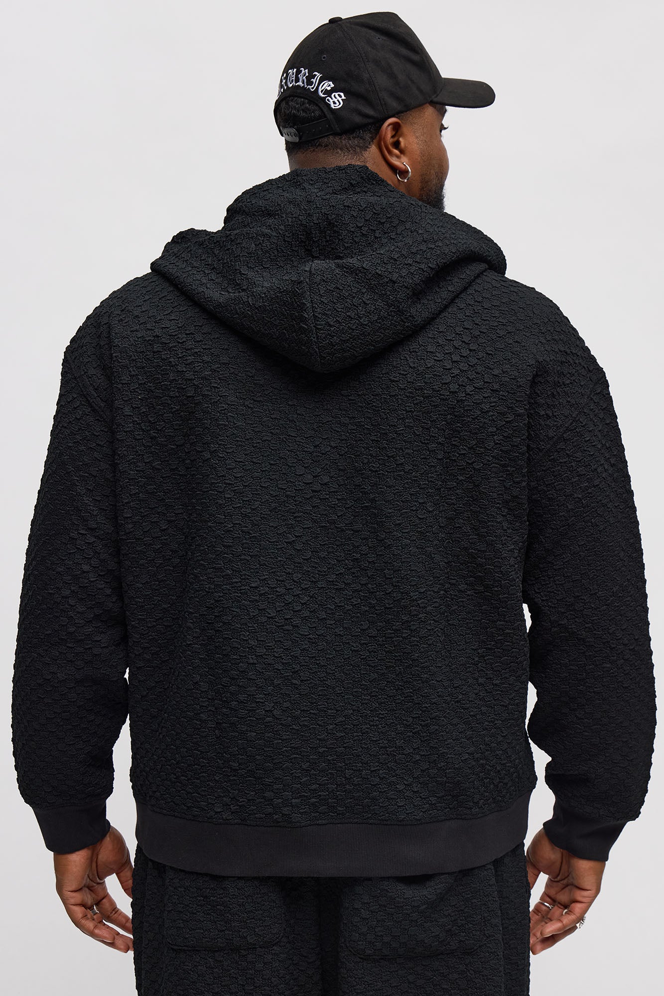 Soho Weave Applique Textured Zip Hoodie - Black