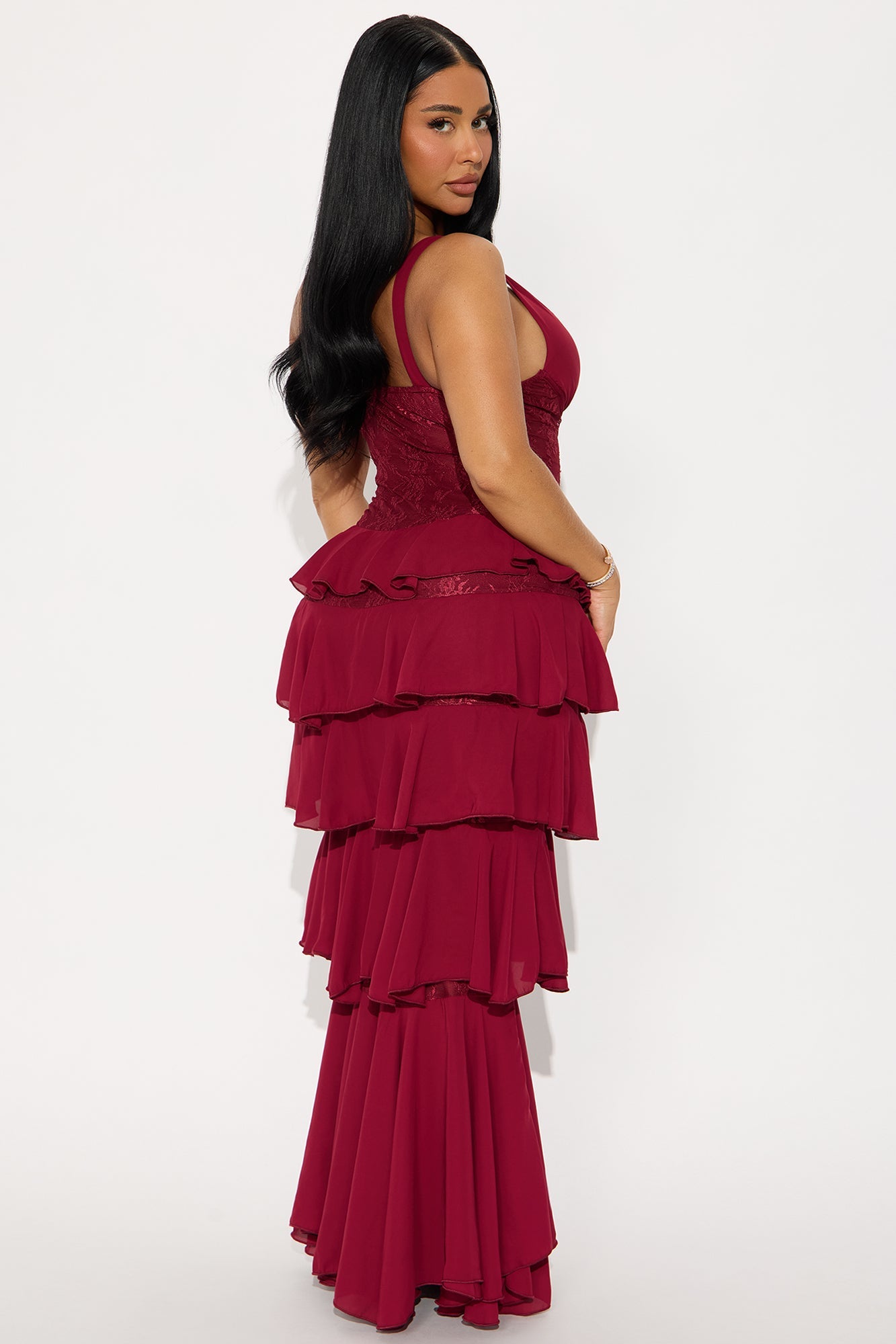 Tate Lace Ruffle Tiered Gown - Wine