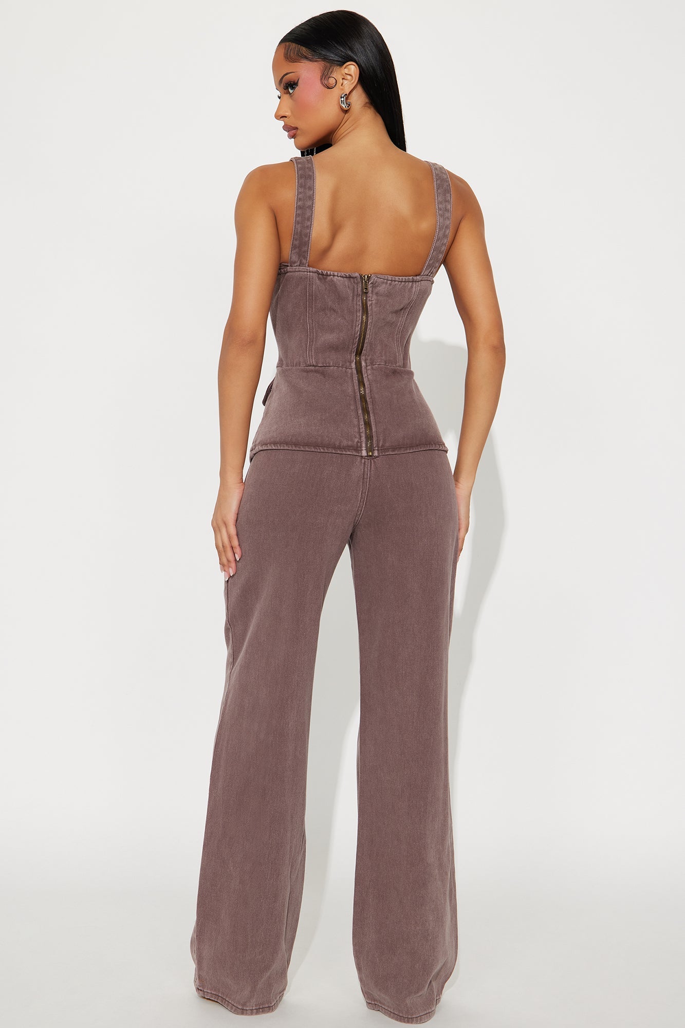Solana Washed Denim Wide Leg Jumpsuit - Chocolate