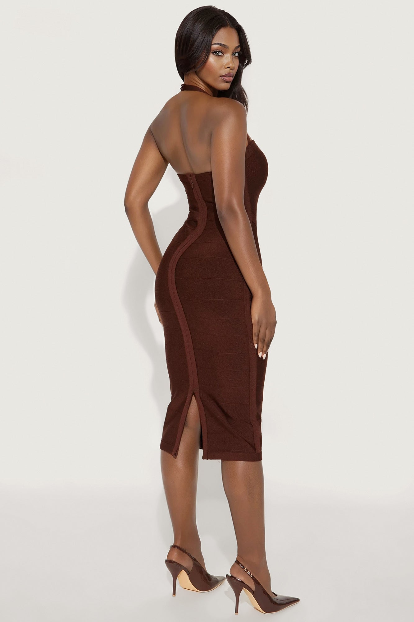 Harlow Halter Bandage Midi Dress - Chocolate