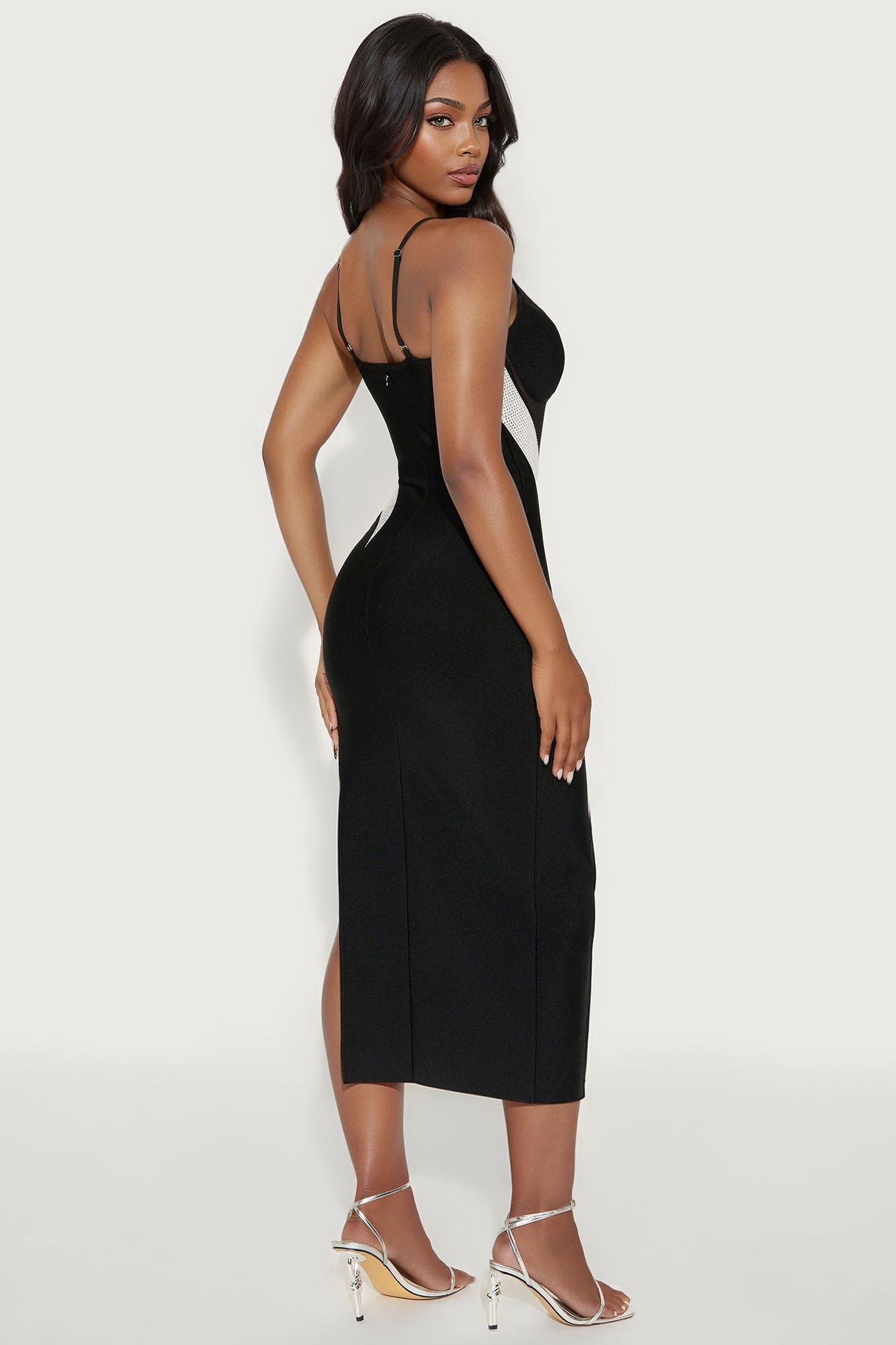 Look My Way Rhinestone Trim Bandage Midi Dress - Black
