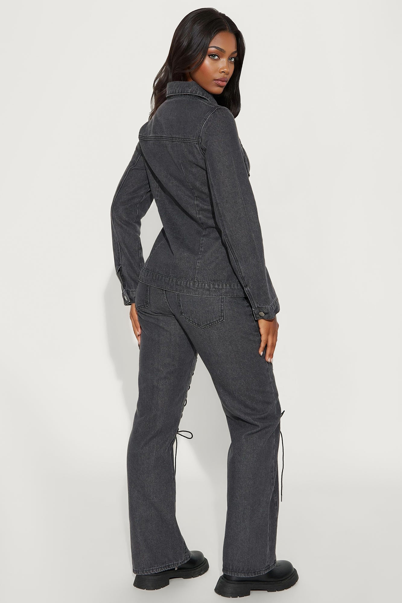 Tied Together Lace Up Denim Jacket - Dark Grey