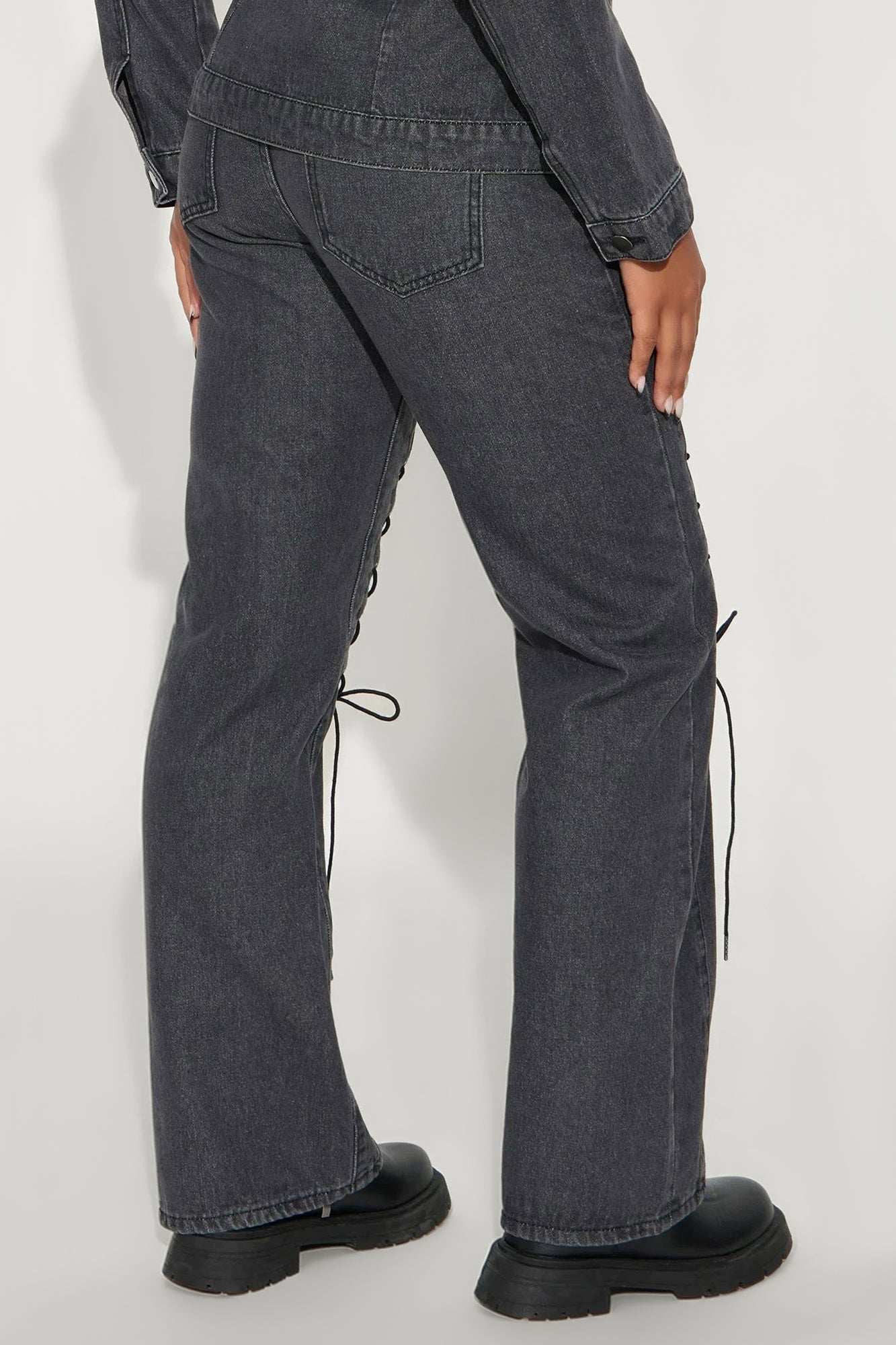 Tied Together Lace Up Wide Leg Jeans - Dark Grey