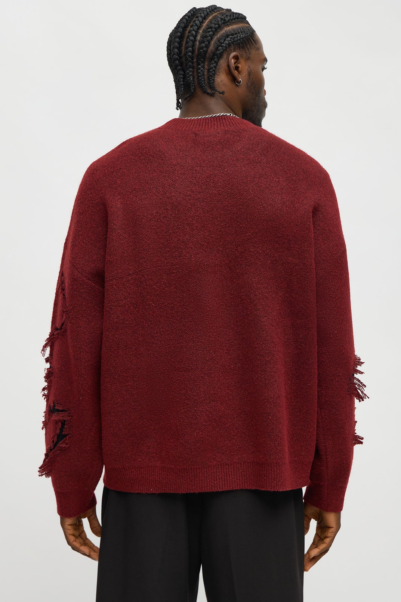 Oversized Trials Distressed Crewneck Sweater - Burgundy/combo