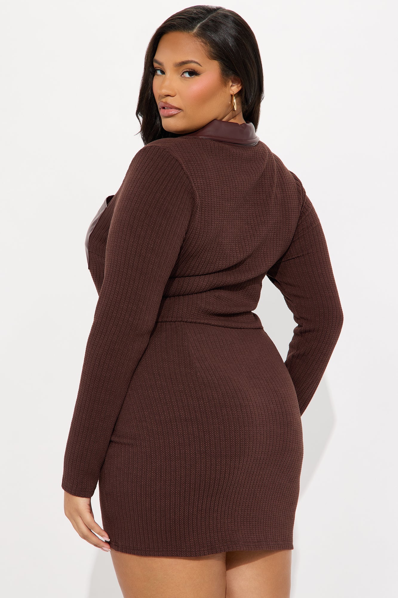Averie Collar Long Sleeve Mini Dress - Chocolate