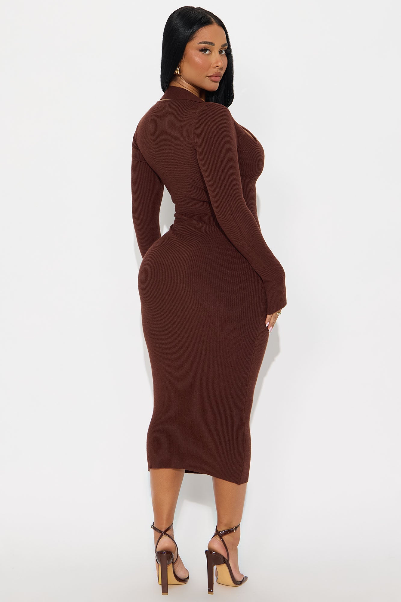 Callie Cold Shoulder Ribbed Midi Dress - Chocolate