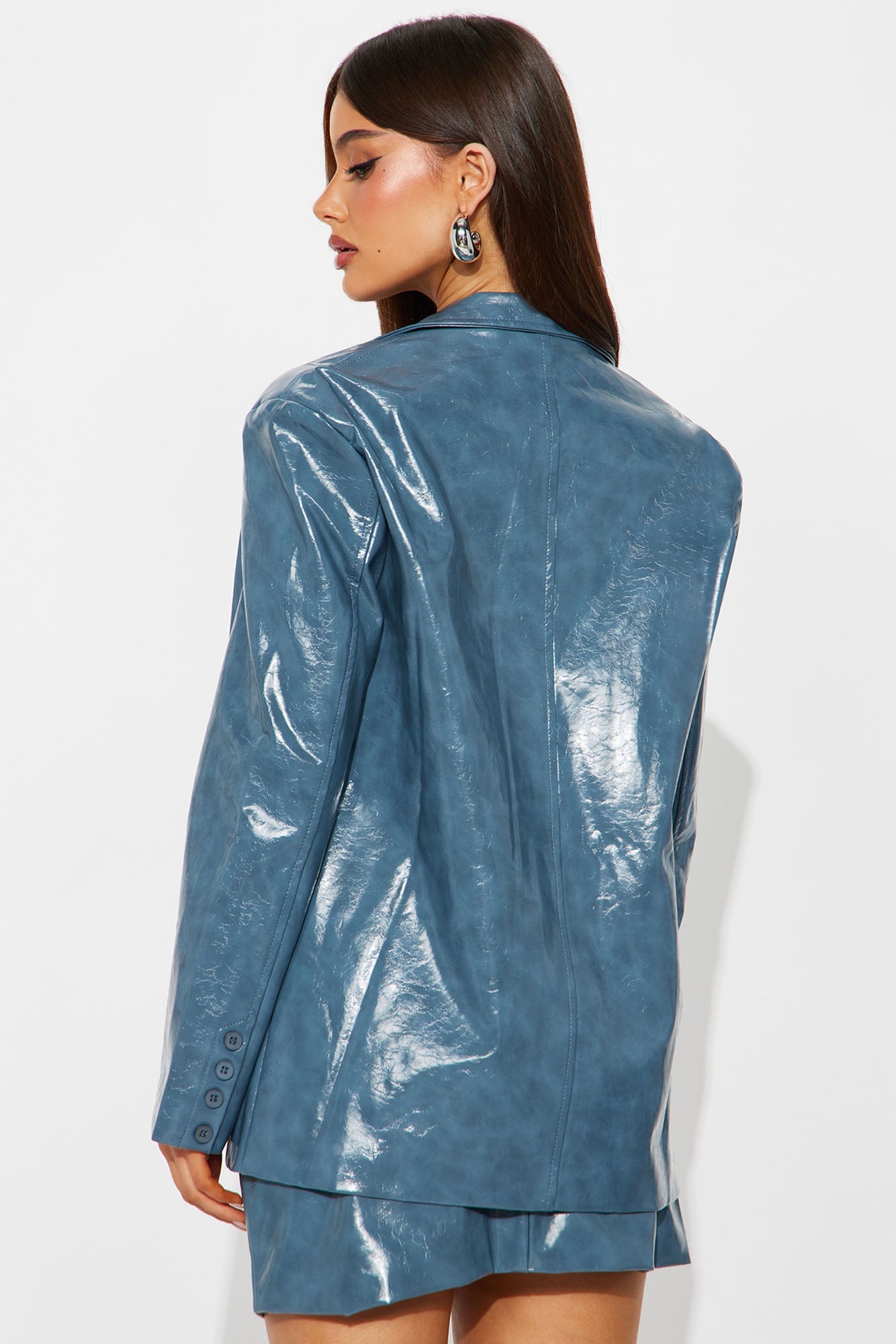 Kaia Patent Leather Jacket Skirt Set - Slate Blue