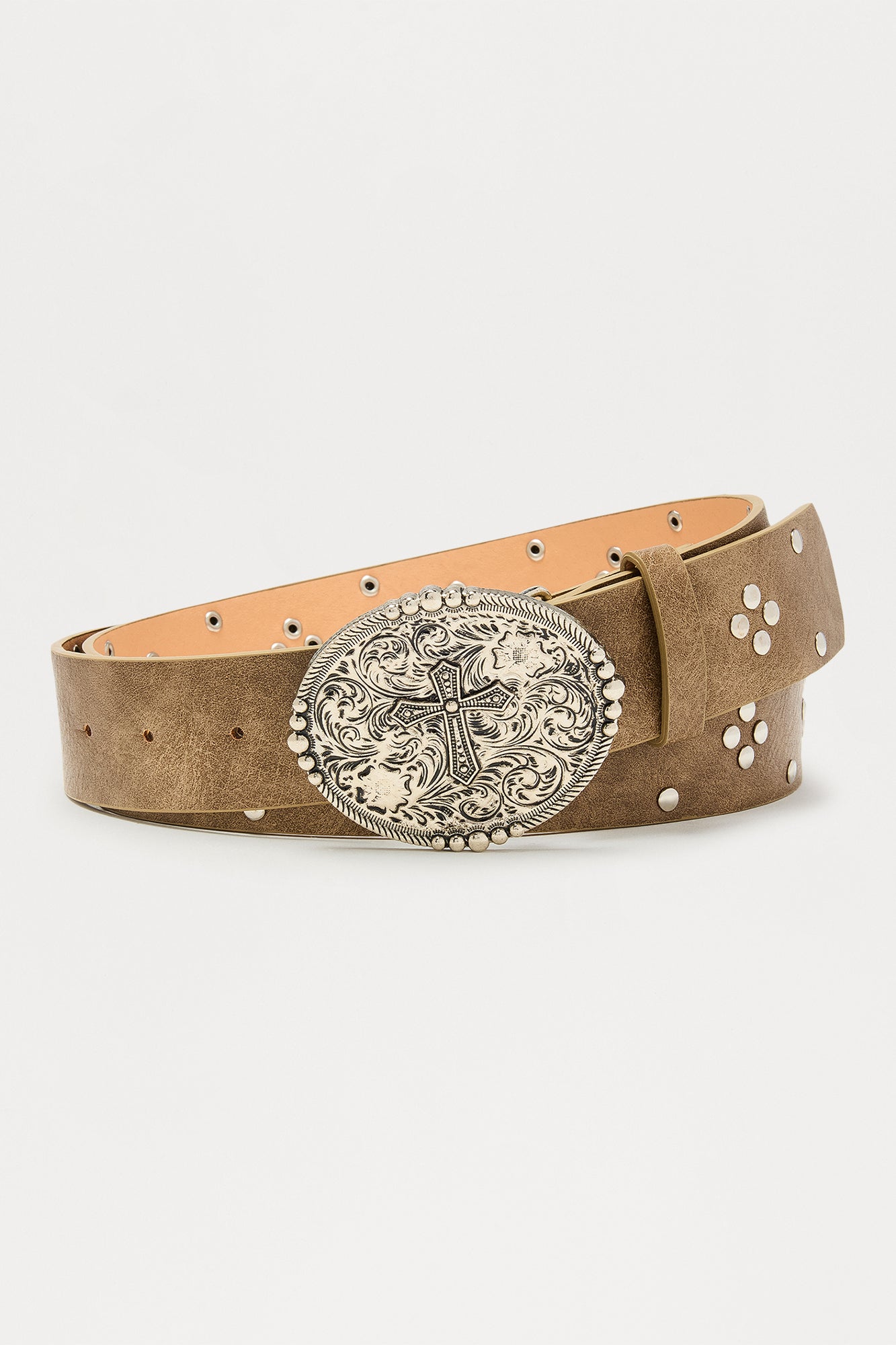 Cross Buckle Studded Faux Leather Belt - Taupe