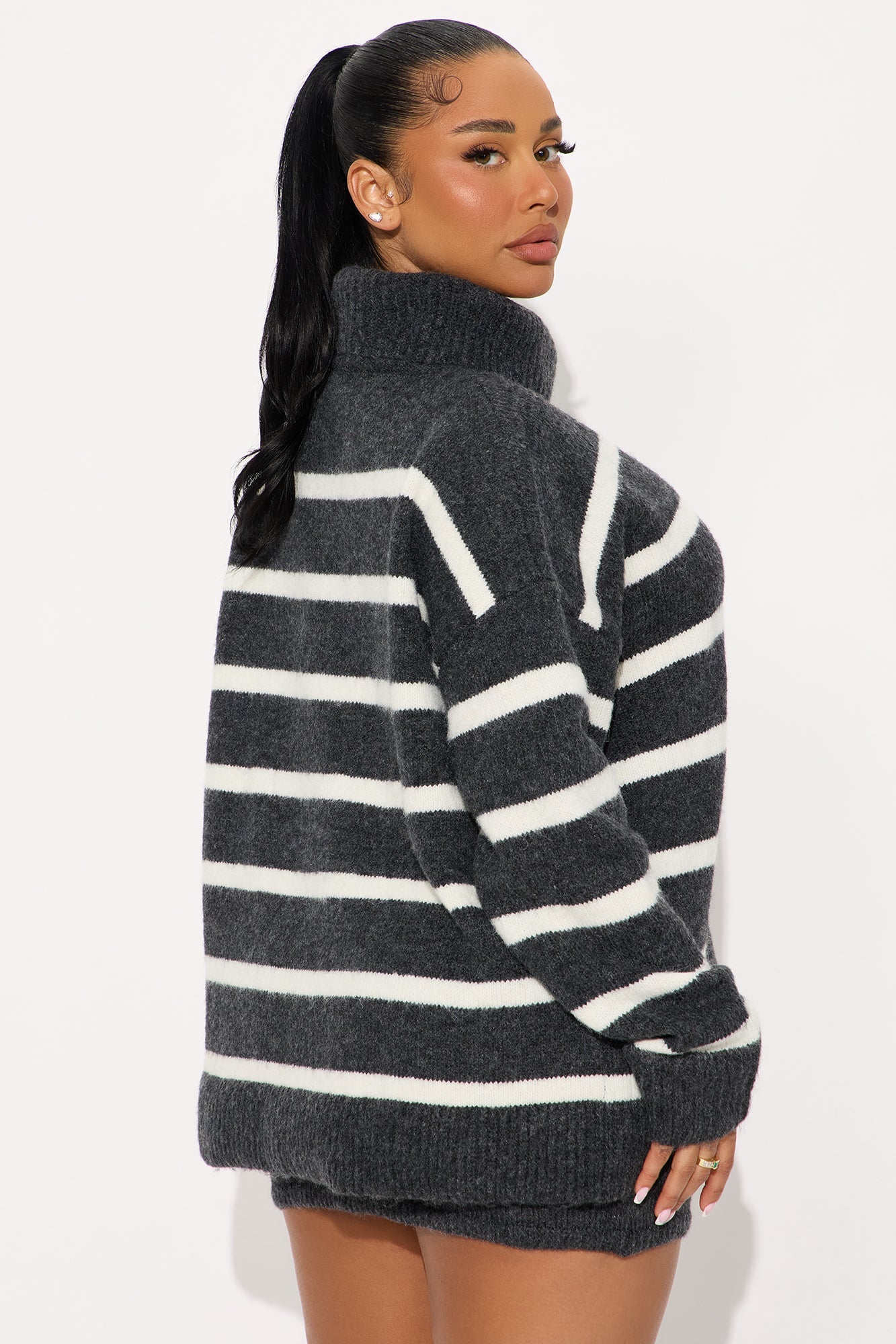 Mackenzie Striped Turtle Neck Sweater Skirt Set - Charcoal