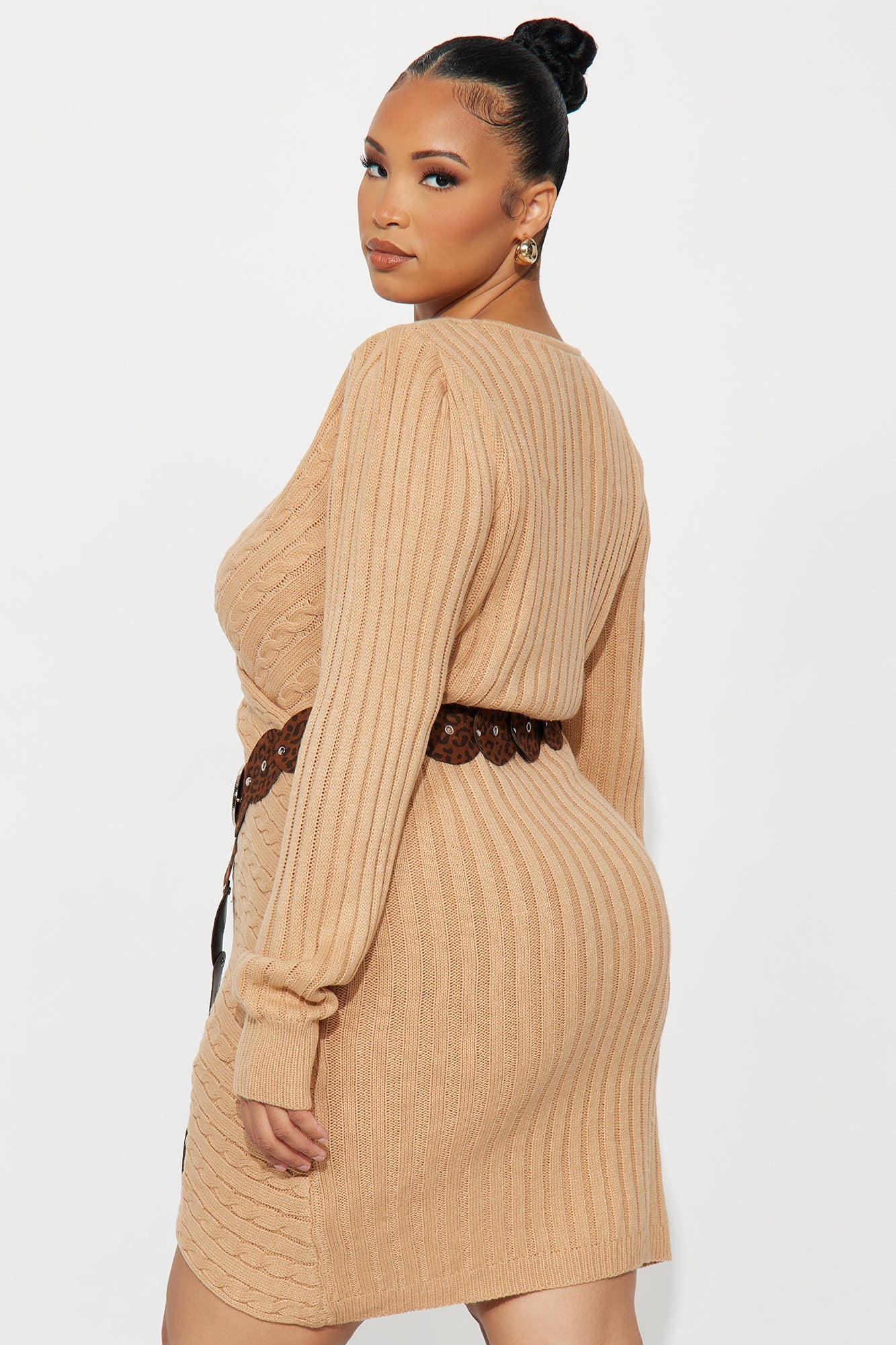 Fallin' For You Belted Sweater Mini Dress - Tan