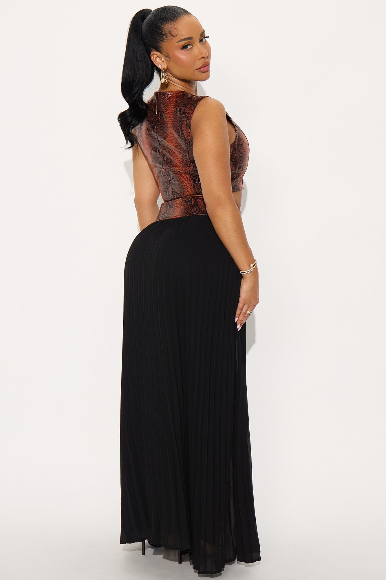 Trinity Snake Print Faux Leather Chiffon Skirt Set - Black/combo